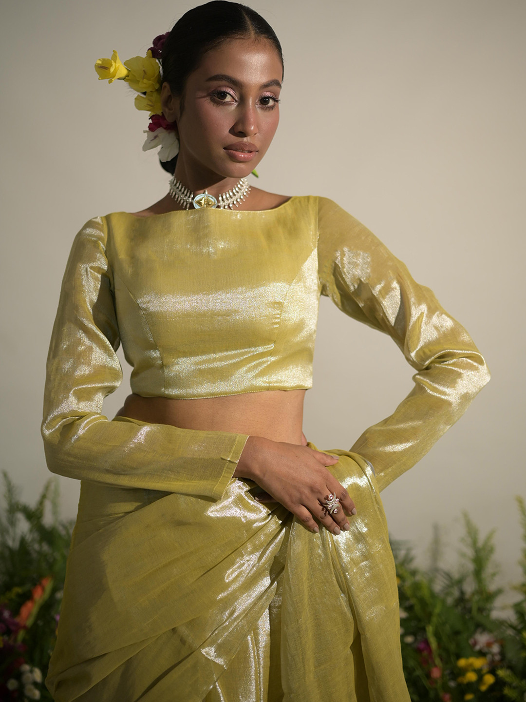 HUTS AND LOOMS Long Sleeves Boat Neck Saree Blouse