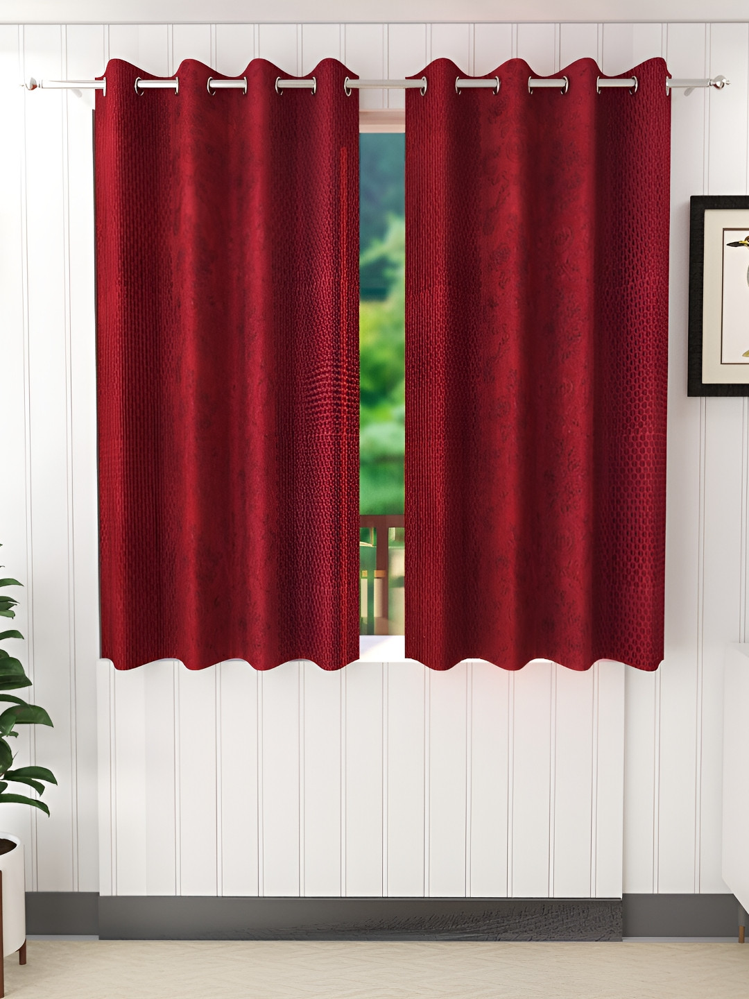Stella Creations Maroon 2 Pieces Floral Pattern Room Darkening Window Curtains