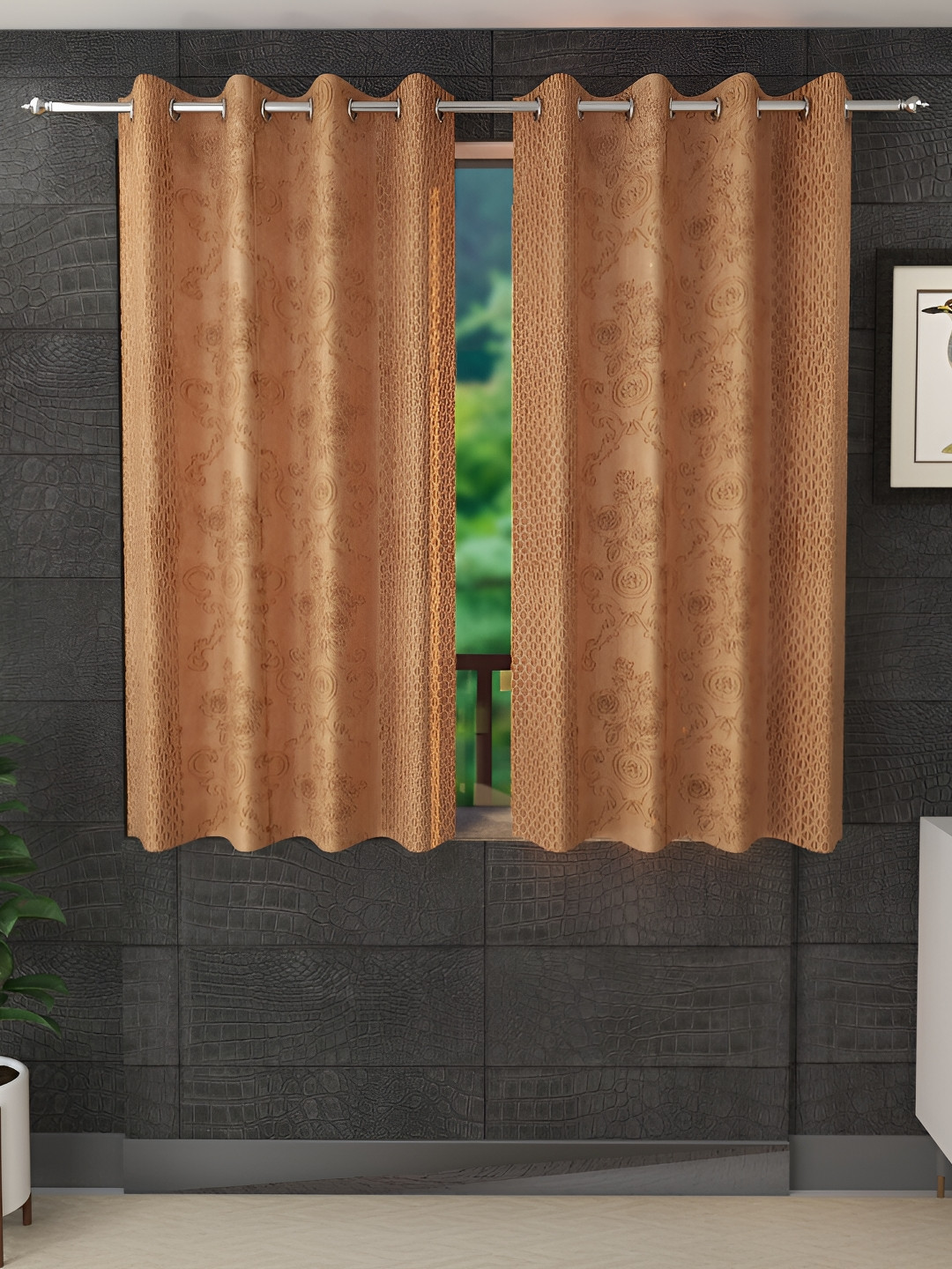 Stella Creations Gold-Toned 2 Pieces Floral Embossed Room Darkening Window Curtains