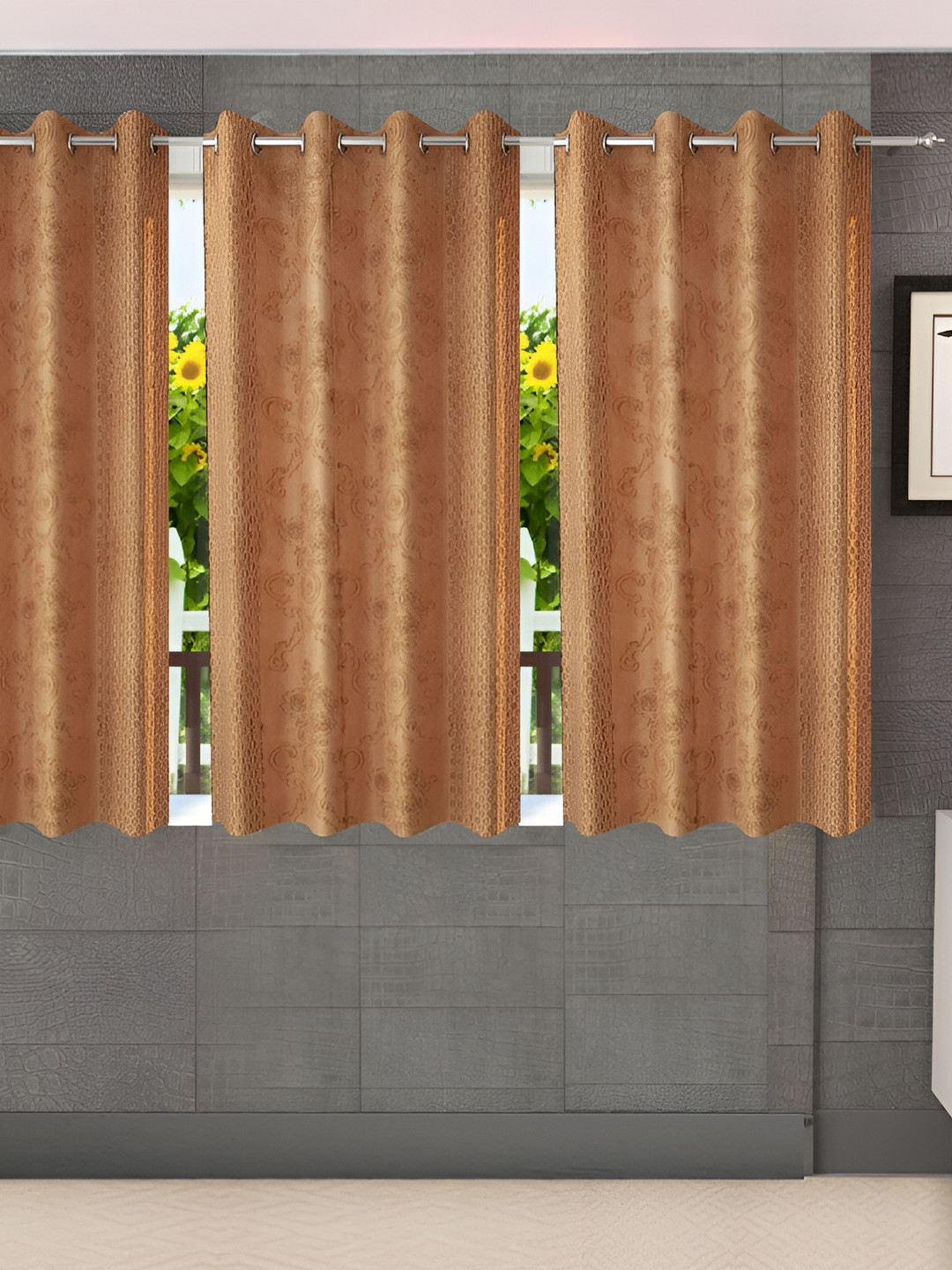 Stella Creations Gold-Toned 3 Pieces Floral Embossed Room Darkening Window Curtains