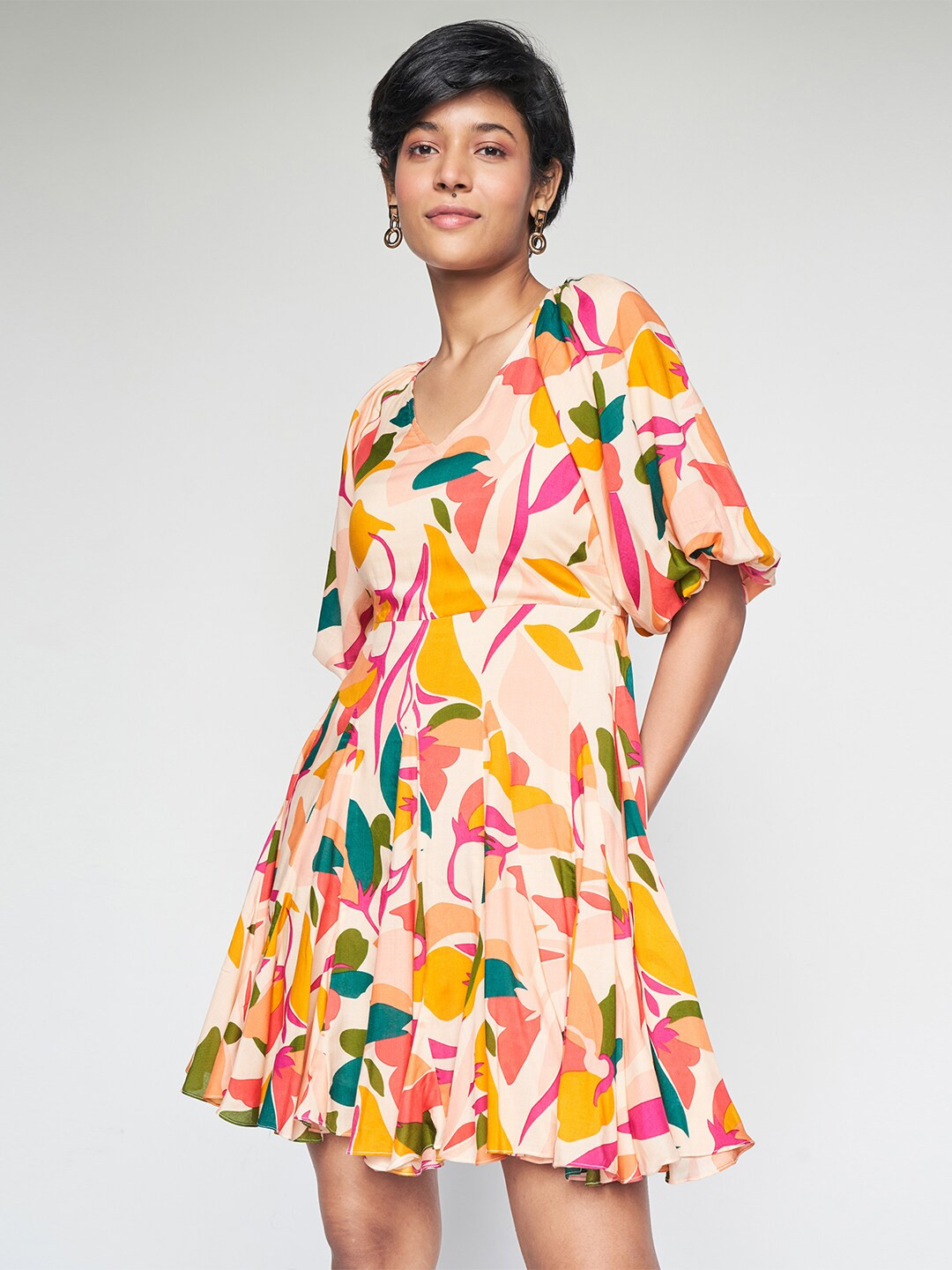 AND Print V-Neck Flared Sleeve A-Line Dress