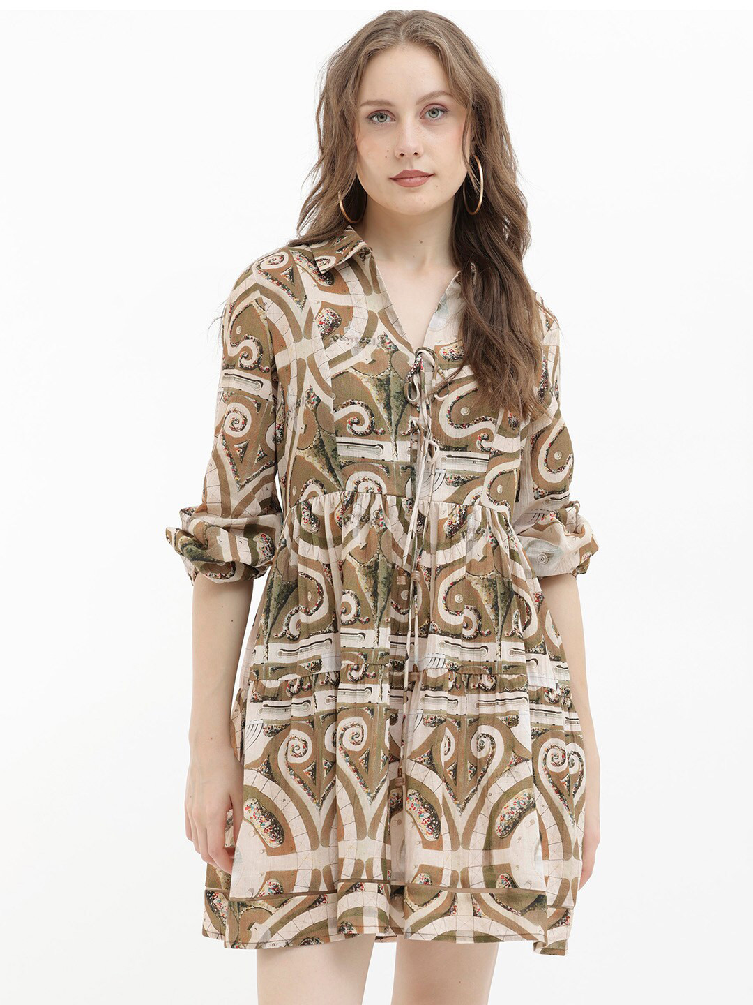RAREISM Ethnic Print Shirt Collar Cuffed Sleeves Cotton A-Line Dress