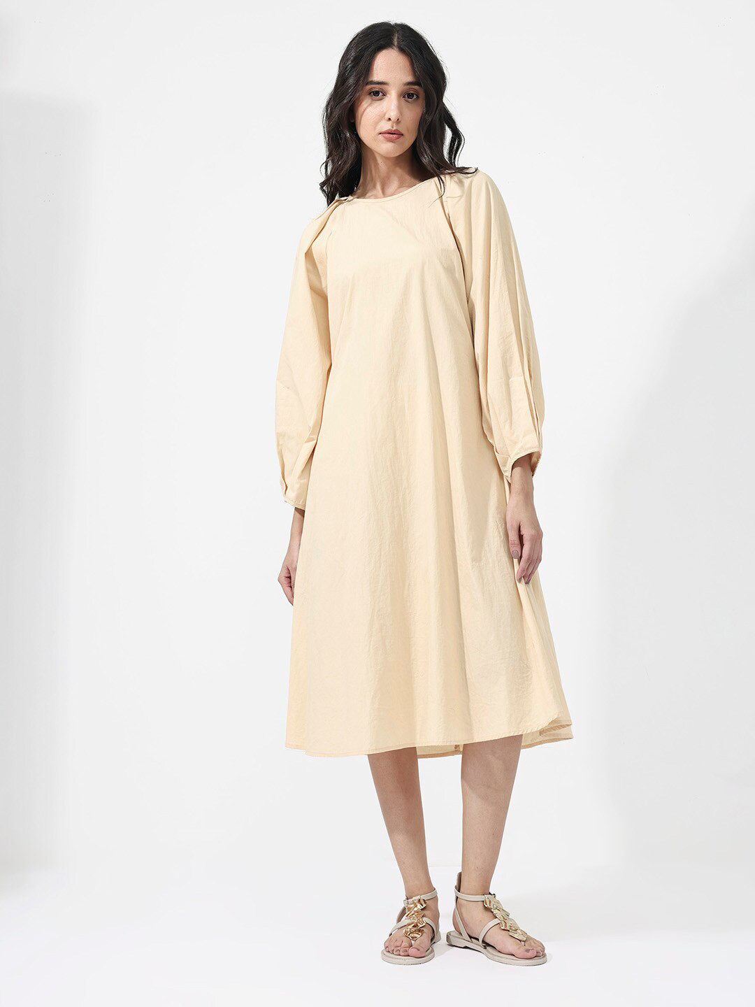 RAREISM Cuffed Sleeves Cotton A-Line Midi Dress