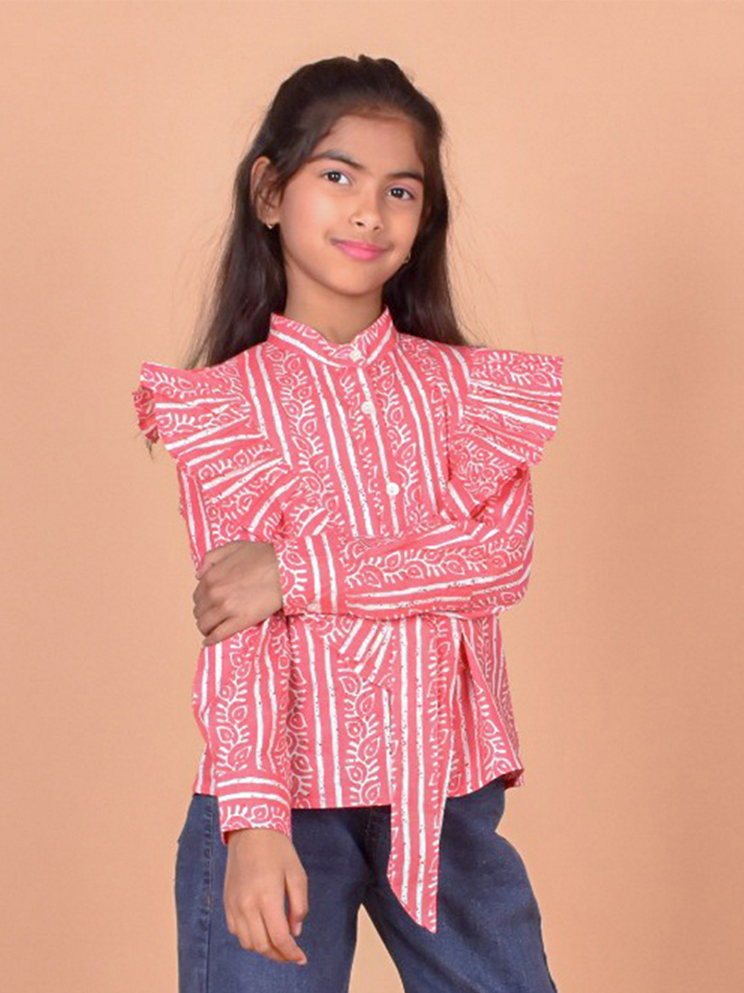 BAESD Girls Relaxed Striped Mandarin Collar Sul Sleeves Ruffles Casual Shirt
