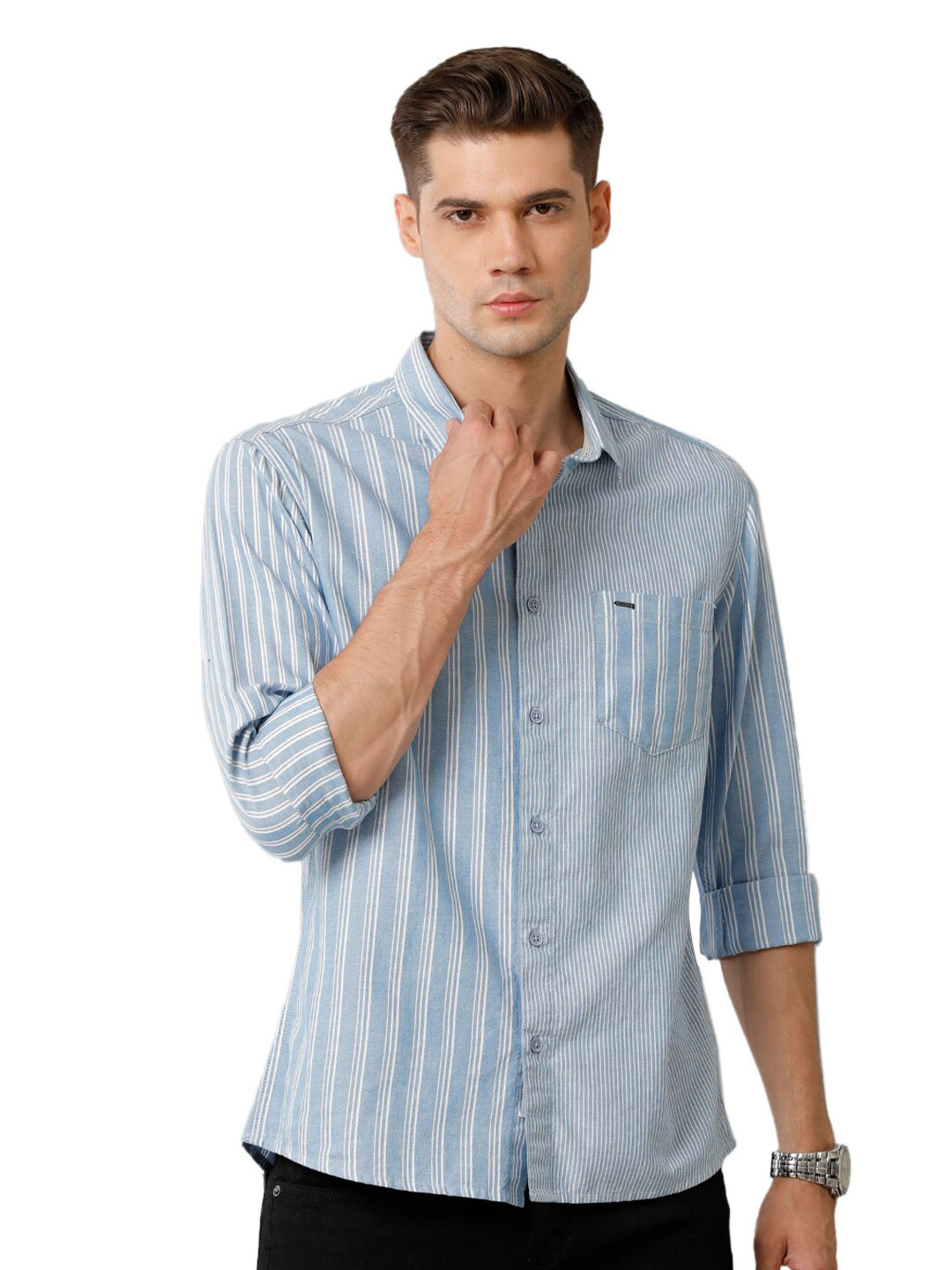 Voi Jeans Comfort Slim Fit Bengal Stripes Opaque Cotton Casual Shirt