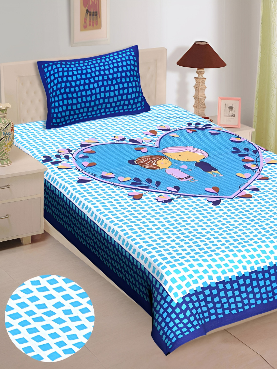 UNIBLISS Blue Graphic Cotton 144 TC Single Fine Bedsheet with a Pillow Cover-220 x 150 cm