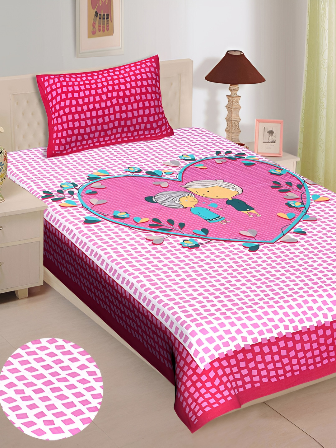UNIBLISS Pink Conversational Cotton 144 TC Single Fine Bedsheet with a Pillow Cover-87 x 59 inches
