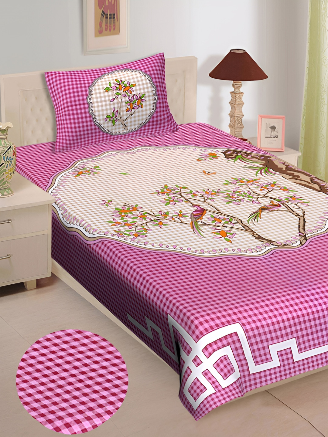 UNIBLISS Pink Floral Cotton 144 TC Single Fine Bedsheet with a Pillow Cover-87 x 59 inches