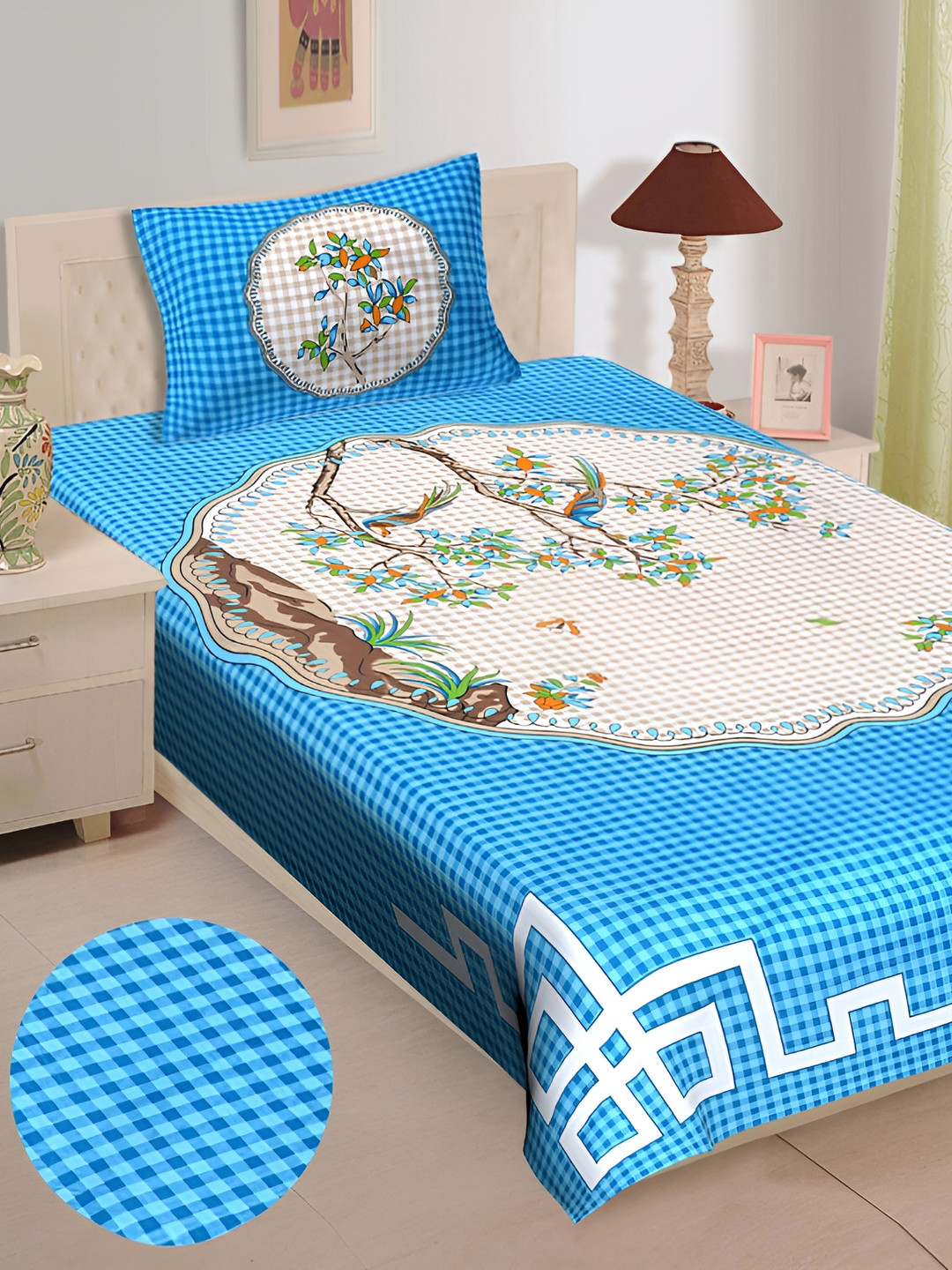 UNIBLISS Amulya Blue Floral Cotton 144 TC Single Fine Bedsheet with a Pillow Cover-17 x 26 inches