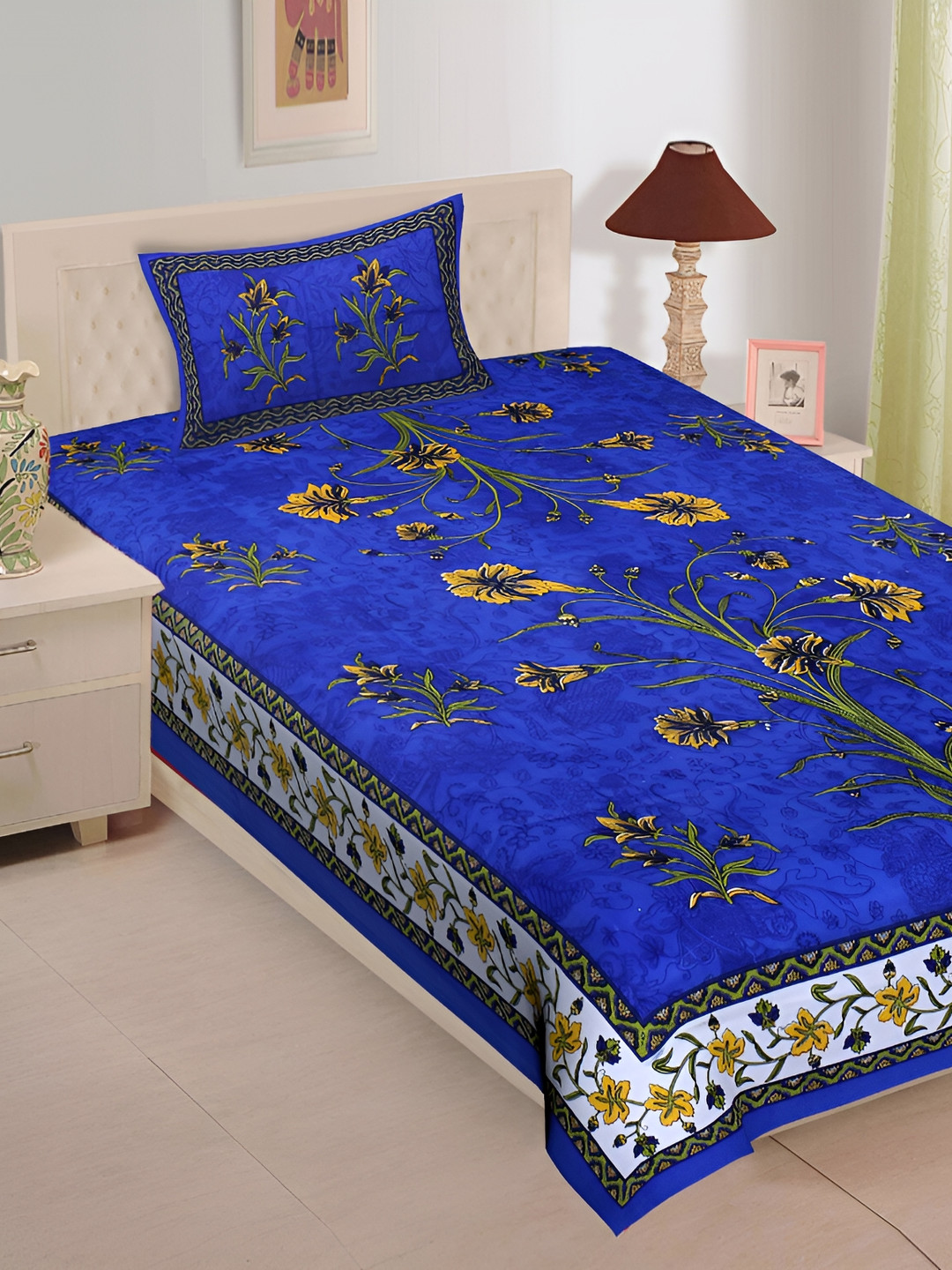 UNIBLISS Blue Floral Cotton 144 TC Single Fine Bedsheet with a Pillow Cover-220 x 150 cm