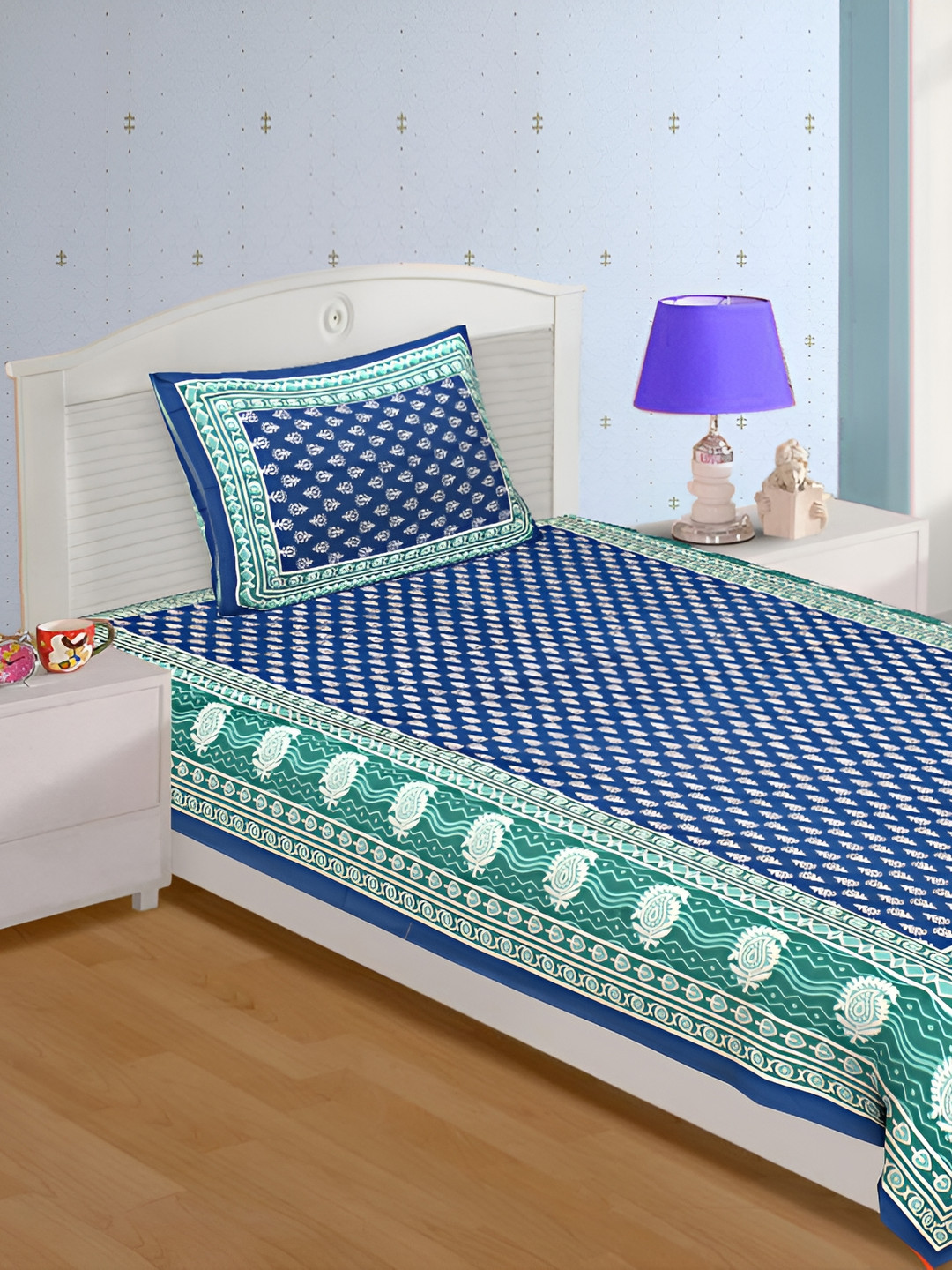 UNIBLISS Blue & White Floral Printed Cotton 144 TC Single Bedsheet With 1 Pillow Cover