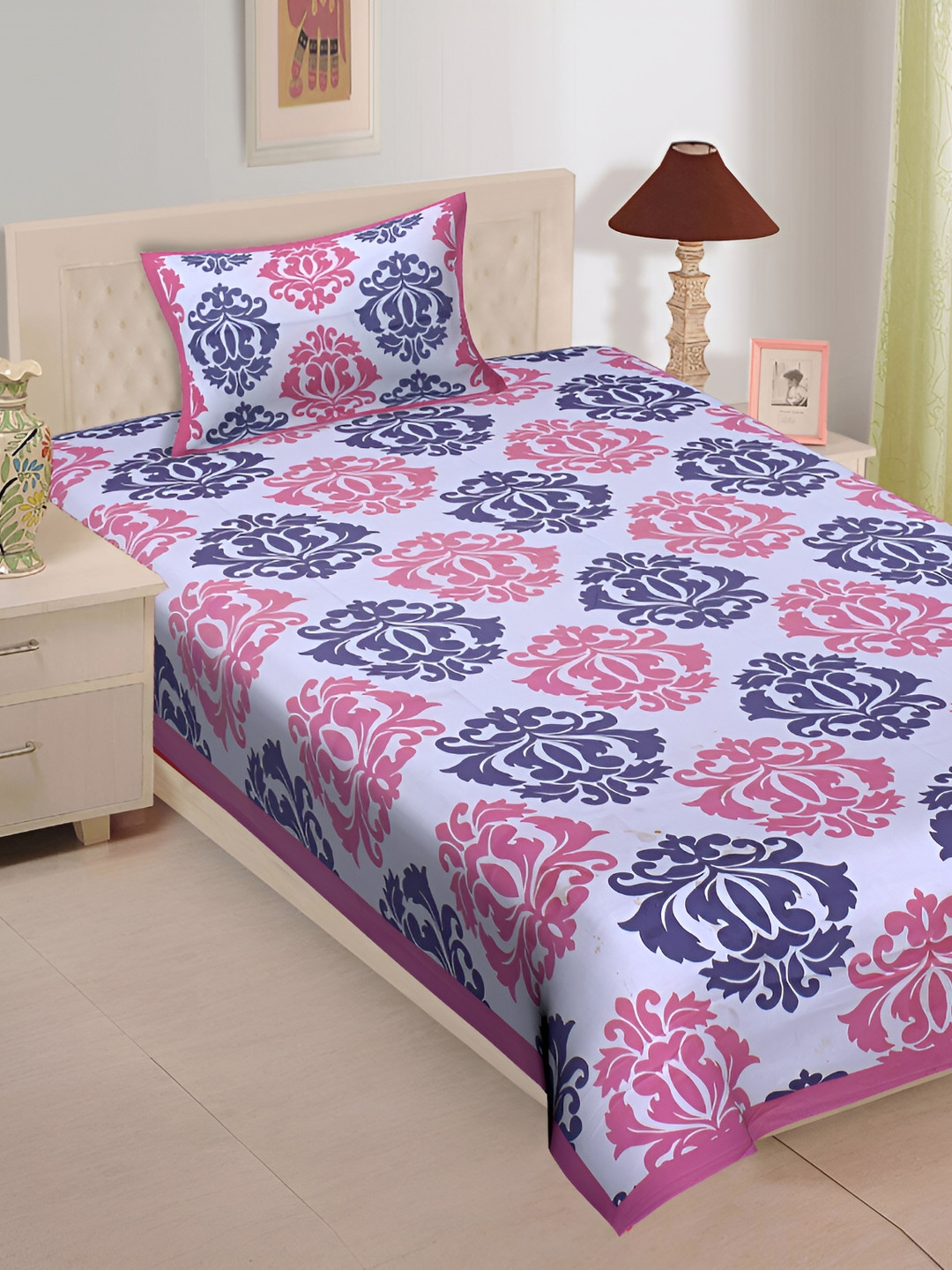 UNIBLISS Pink & White Floral Printed Cotton 144 TC Single Bedsheet With 1 Pillow Cover
