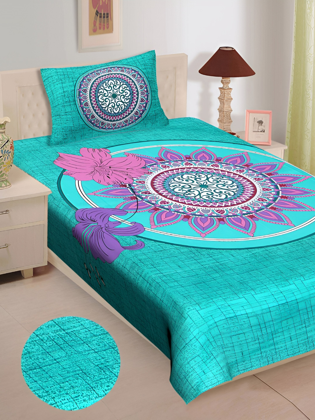 UNIBLISS Green Floral Cotton 144 TC Single Bedsheet with a Pillow Cover-150 x 220 cm