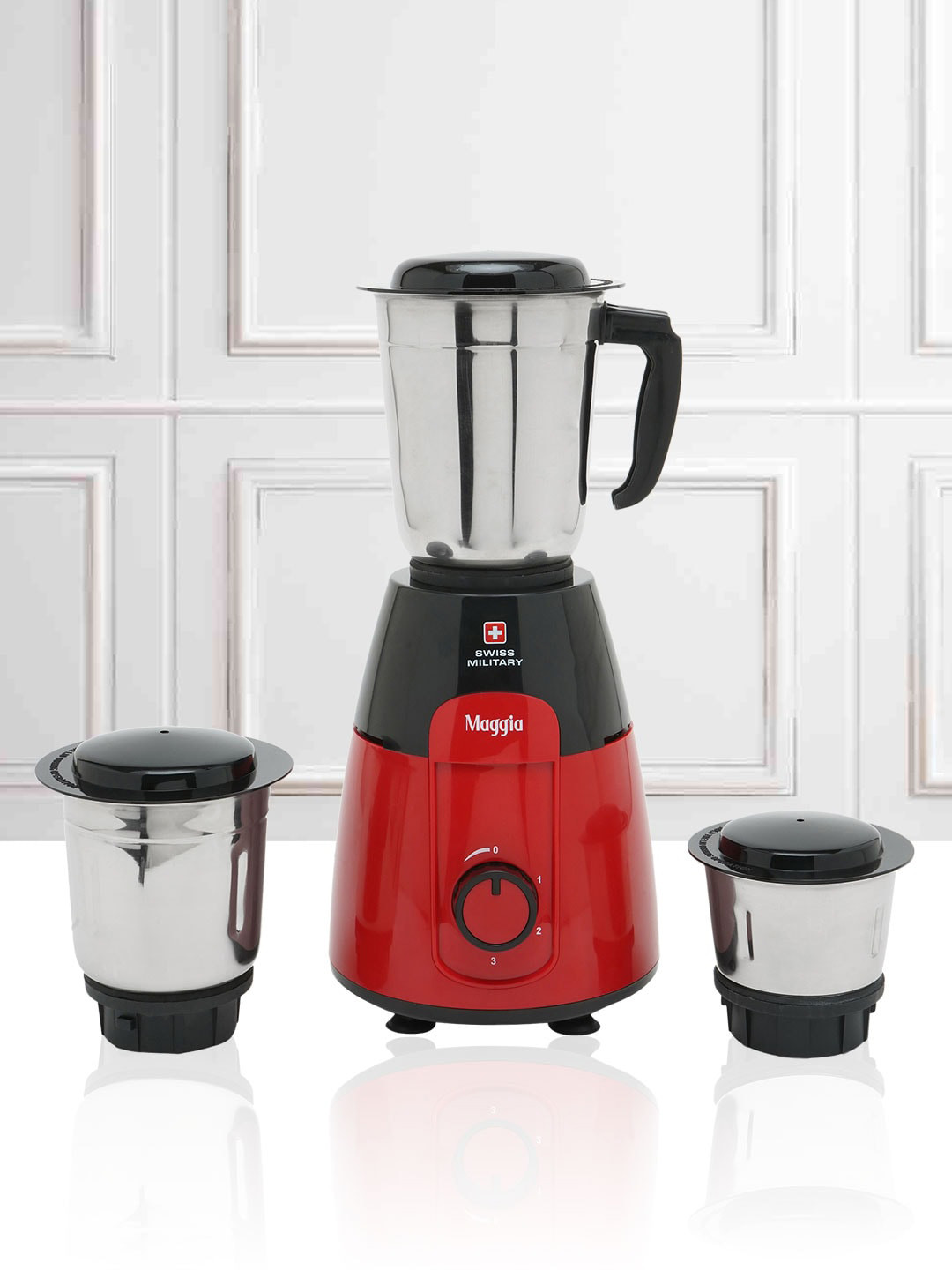 Swiss Military Maggia Red Stainless Steel Safety Lock 3 Jars Wet and Dry Grinder with Juicer-550W
