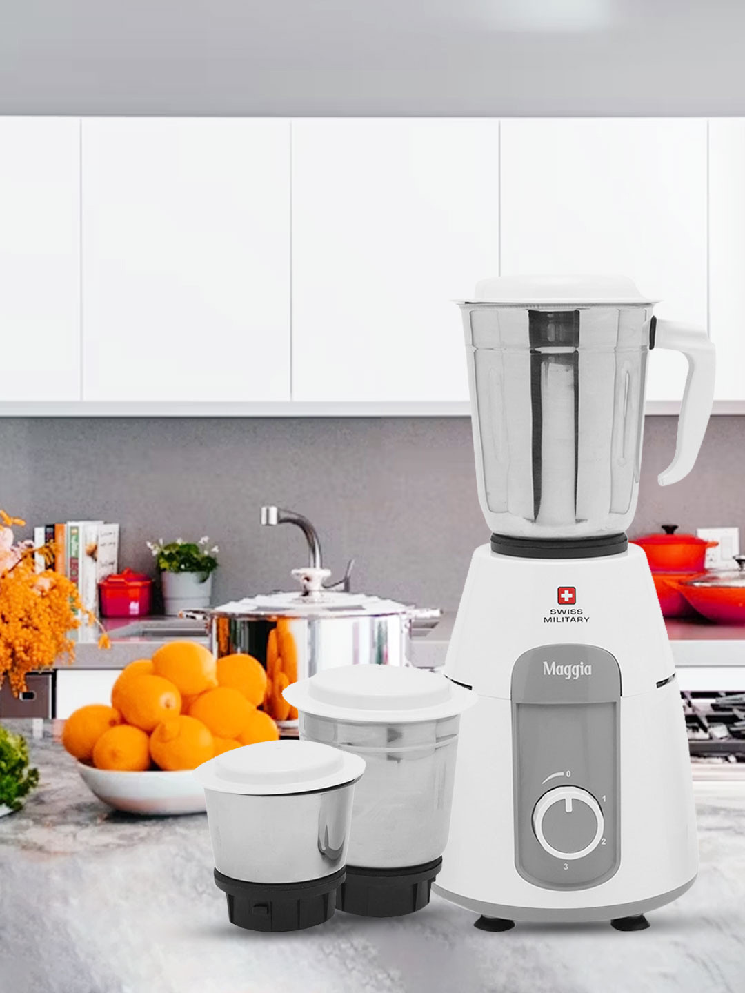 Swiss Military Maggia White Stainless Steel Safety Lock 3 Jars Wet and Dry Grinder with Juicer-550W