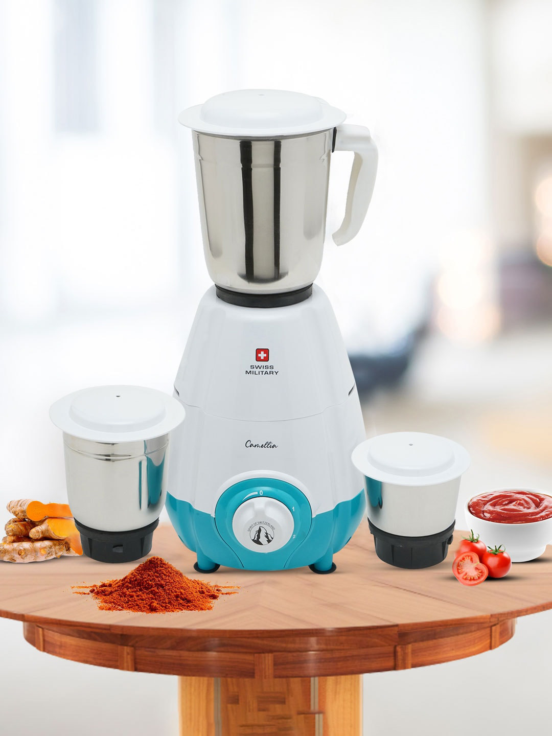 Swiss Military Camellia Blue Stainless Steel Safety Lock 3 Jars Wet and Dry Grinder with Juicer-550W