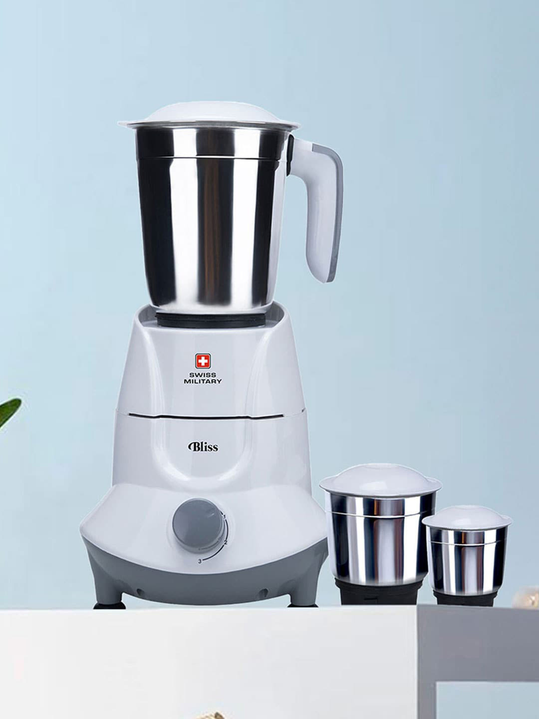Swiss Military Bliss White Stainless Steel Safety Lock 3 Jars Wet and Dry Grinder with Juicer-500W