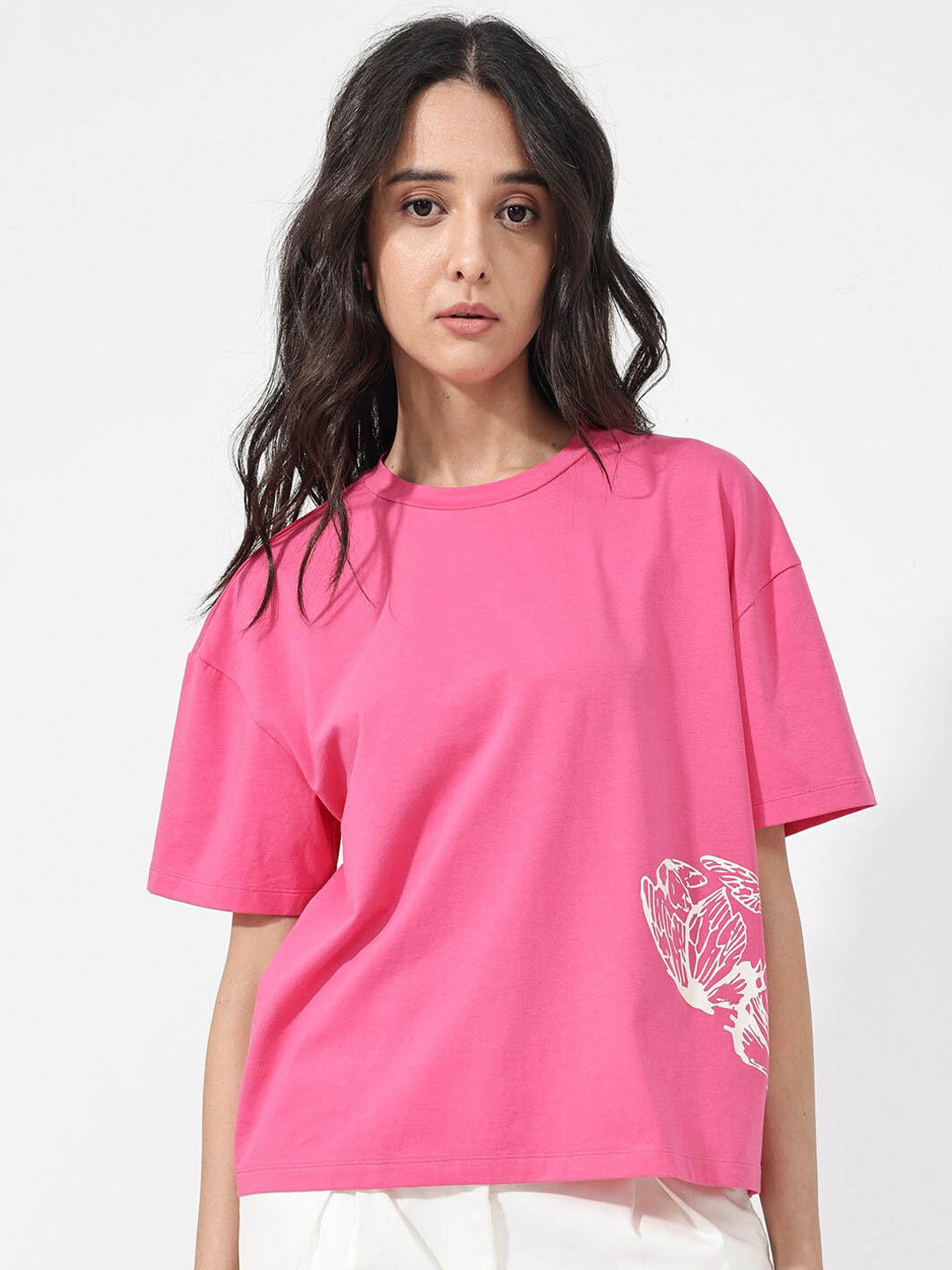 RAREISM Grando Graphic Printed Round Neck Drop-Shoulder Sleeves Cotton Boxy T-shirt