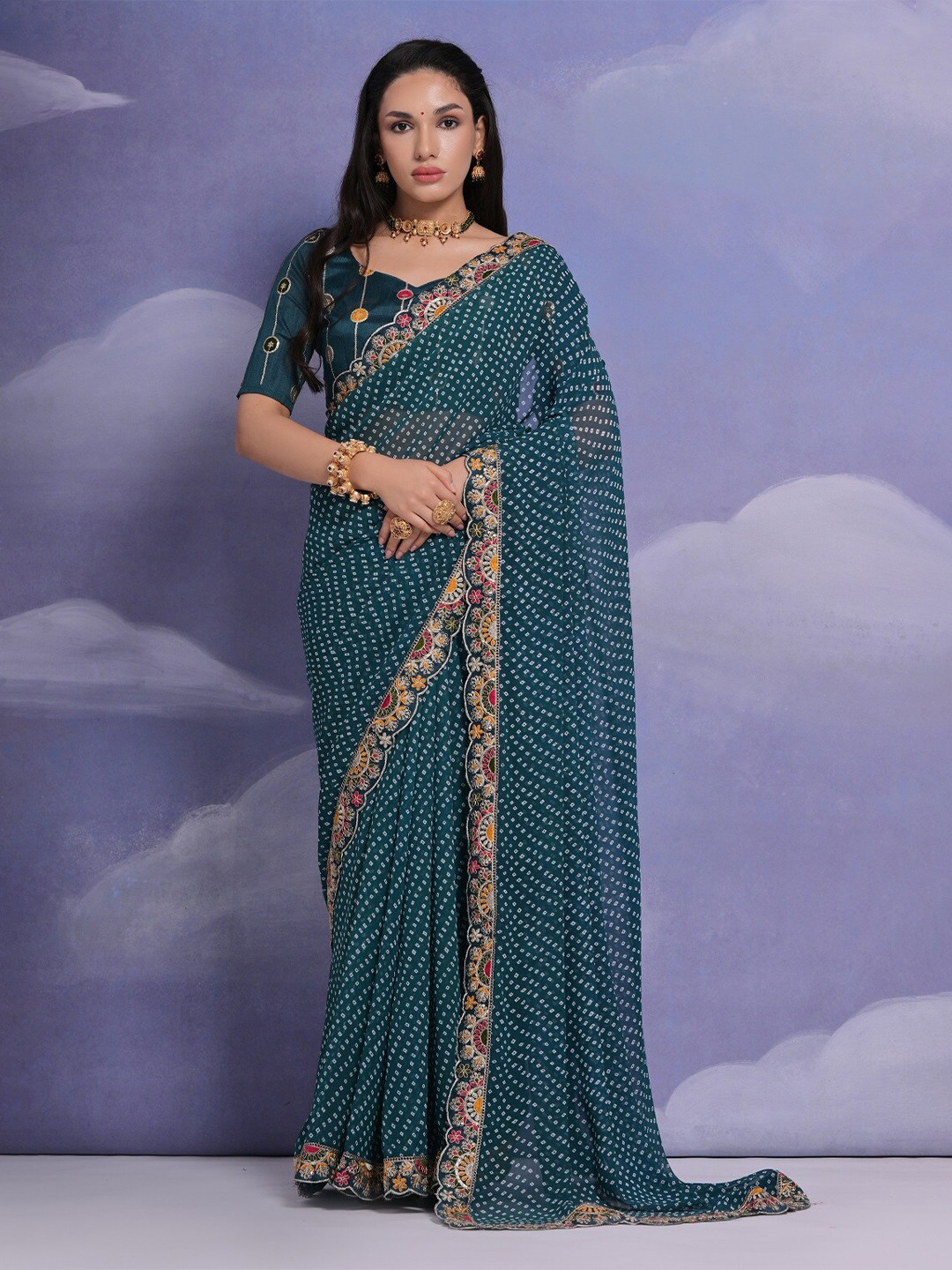 Mitera Teal Blue & white Bandhani Embroidered Pure Georgette Saree