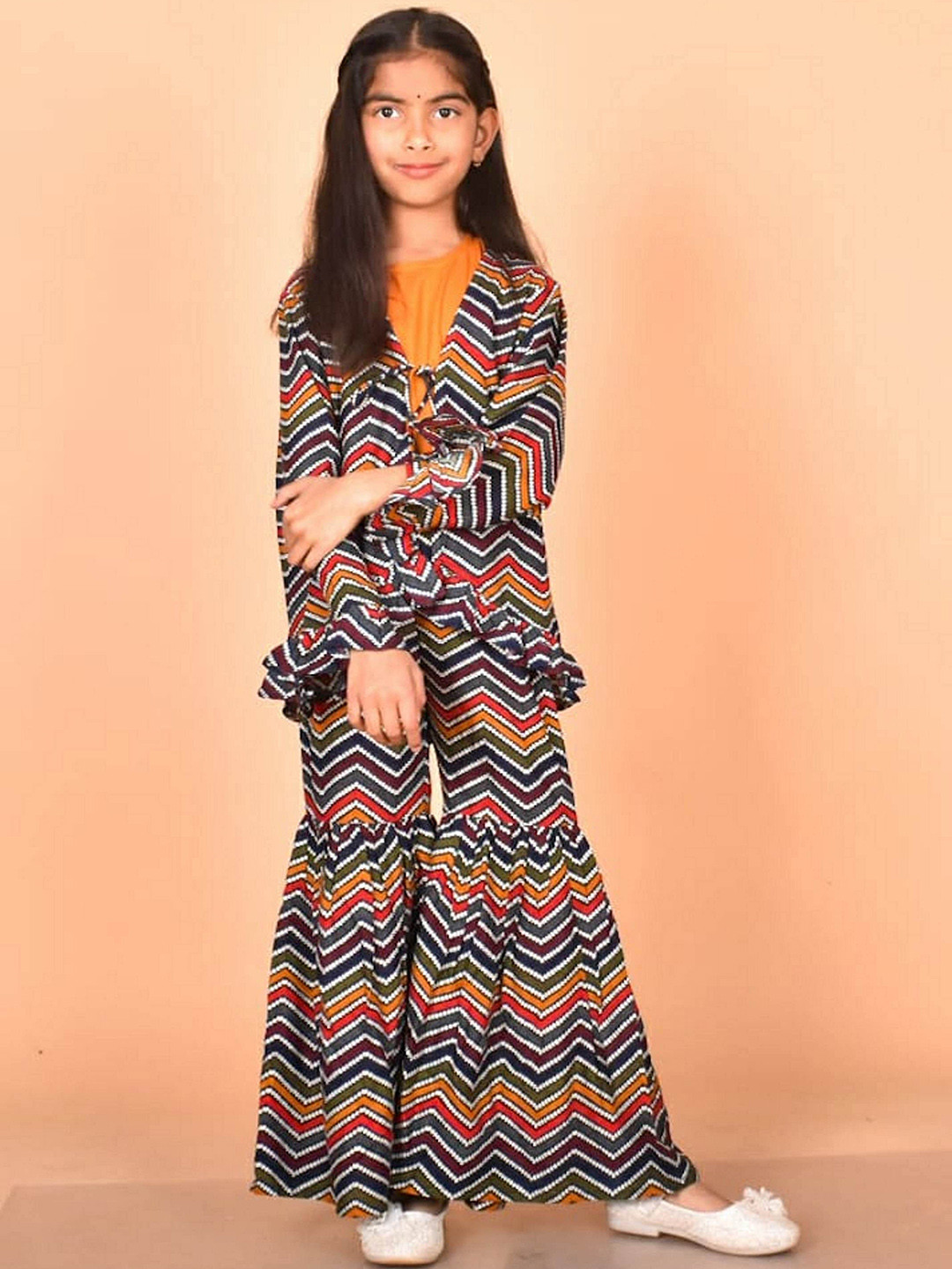 misbis Girls Printed Top With Trouser & Shrug Clothing Set