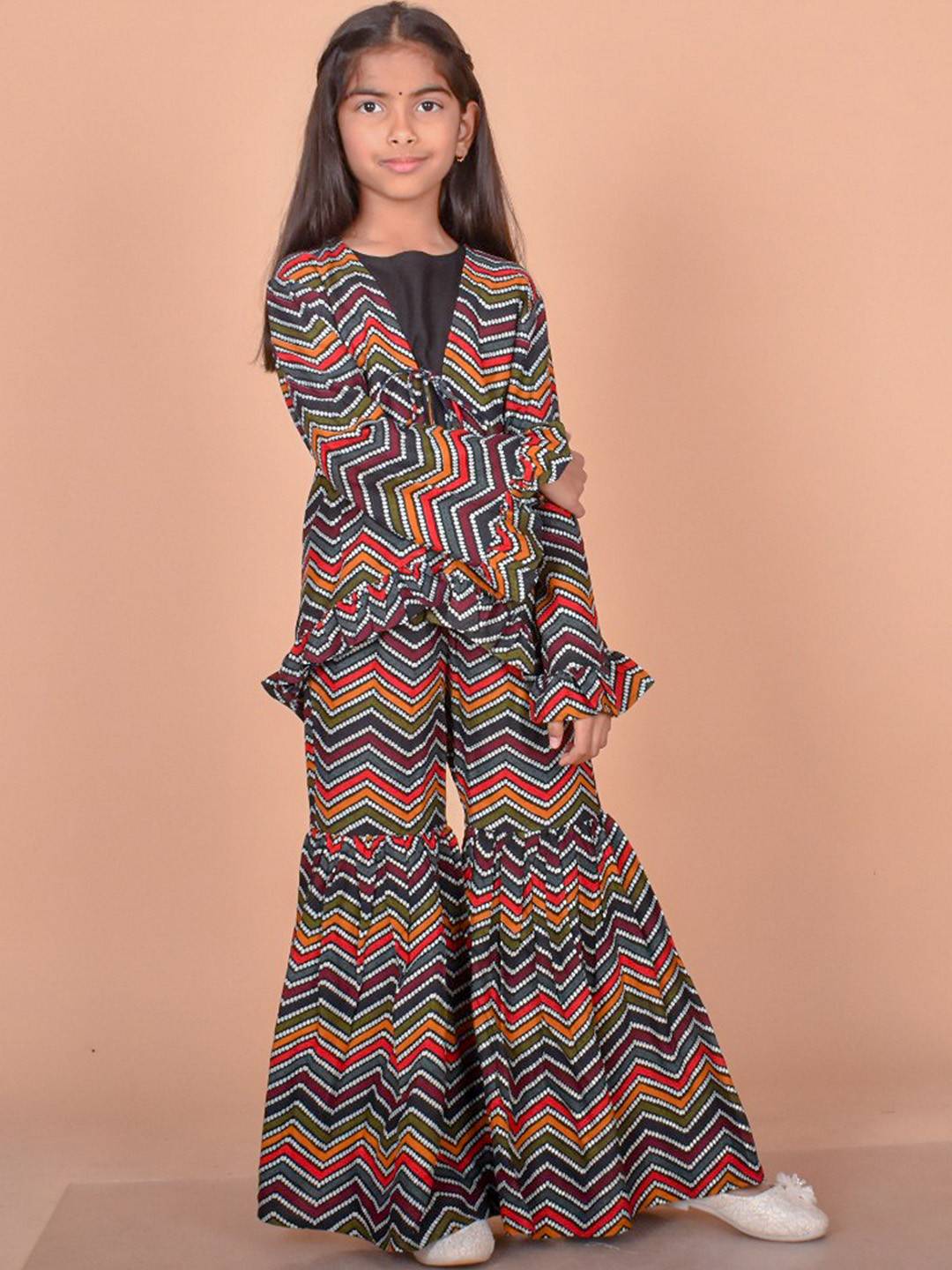 misbis Girls Printed Top With Palazzo & Shrug Clothing Set