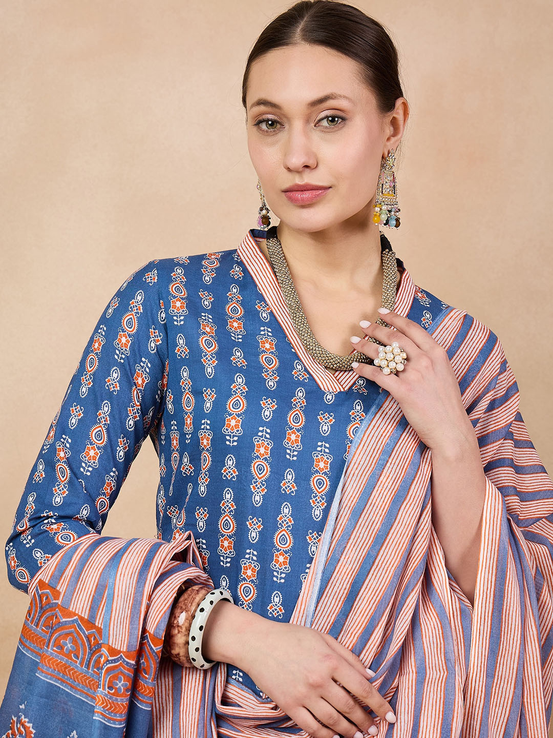 Anouk Floral Printed V-Neck Three-Quarter Sleeves Pure Cotton Kurta Set