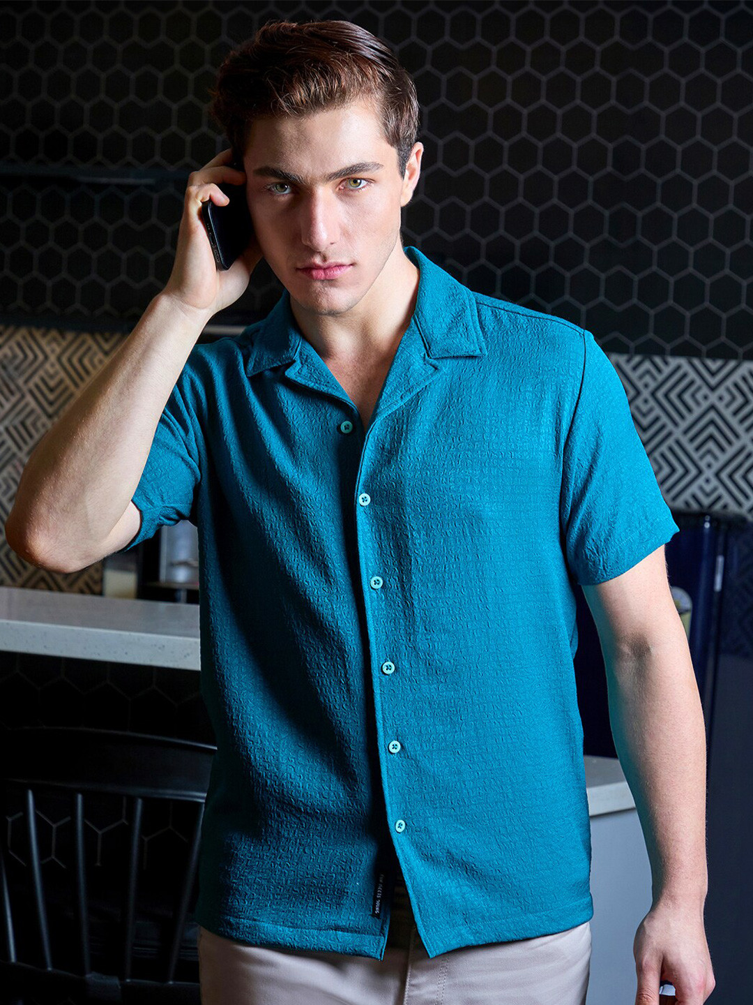 Campus Sutra Self-Design Creased Striped Shirt