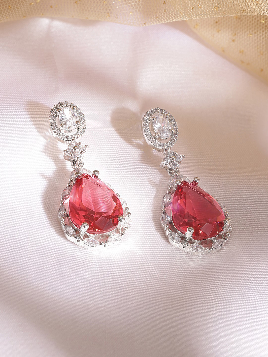 Rubans Rhodium Plated Ruby Studded Zirconia Teardrop Earring