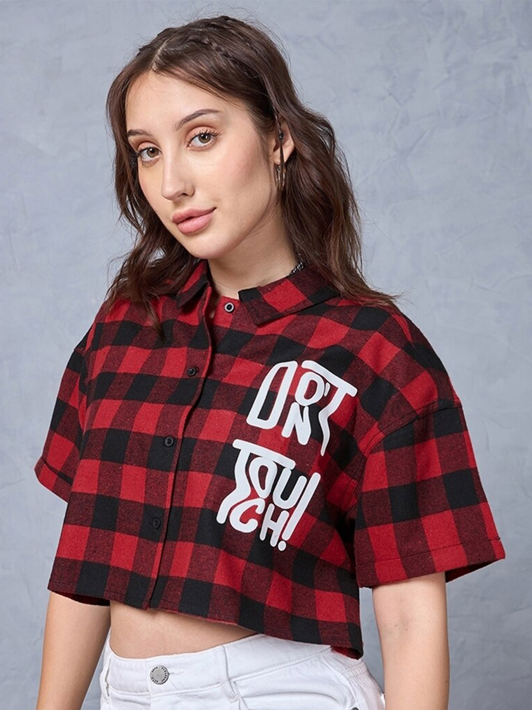Bewakoof Mickey Mouse Buffalo Checked Crop Casual Oversized Shirt