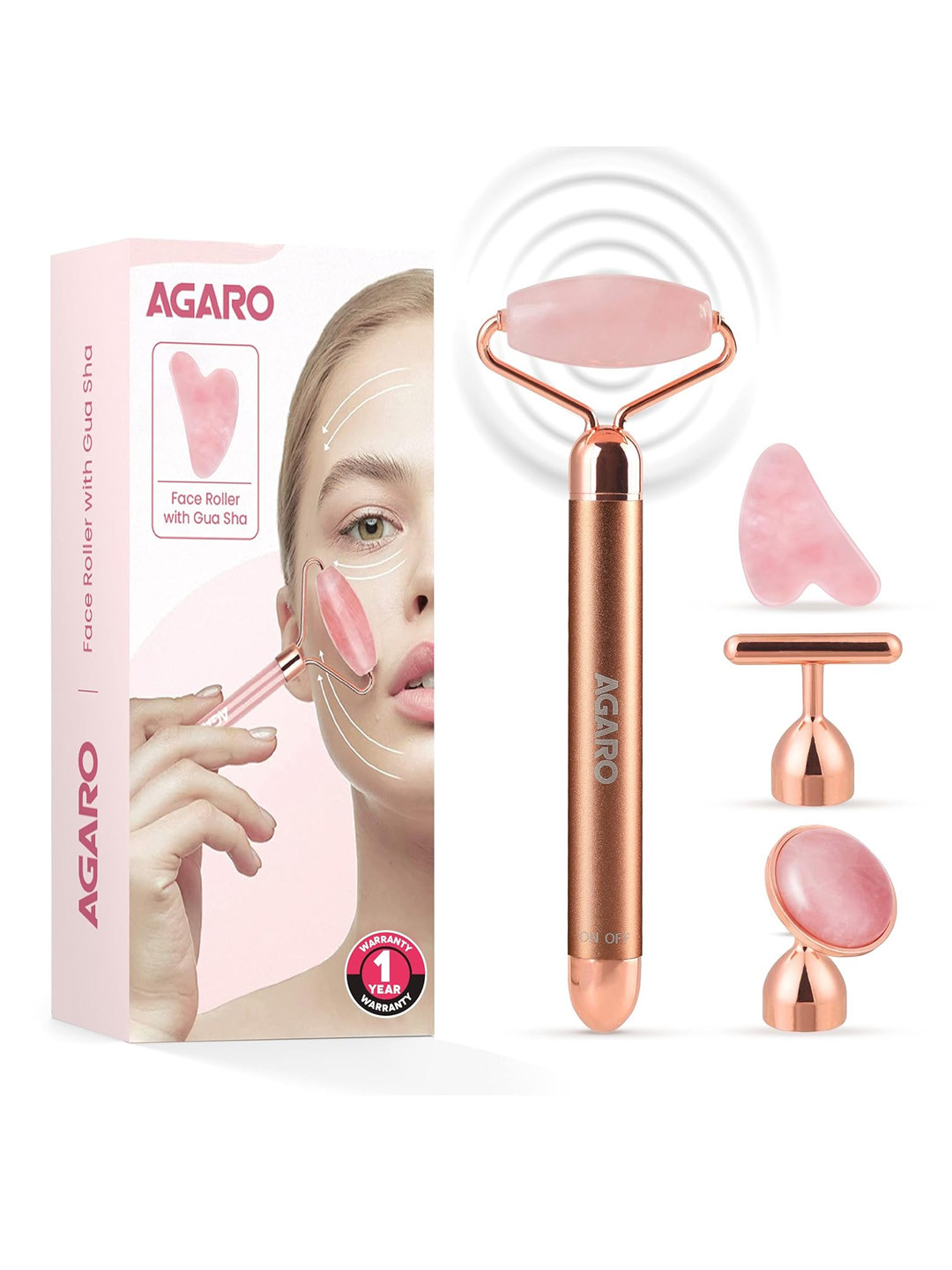Agaro 3-In-1 Electric Rose Quartz Face Roller With Gua Sha - Rose Gold