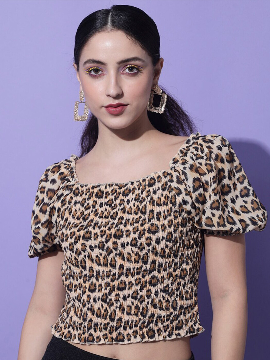 Slenor Animal Printed Puff Sleeve Georgette Crop Top