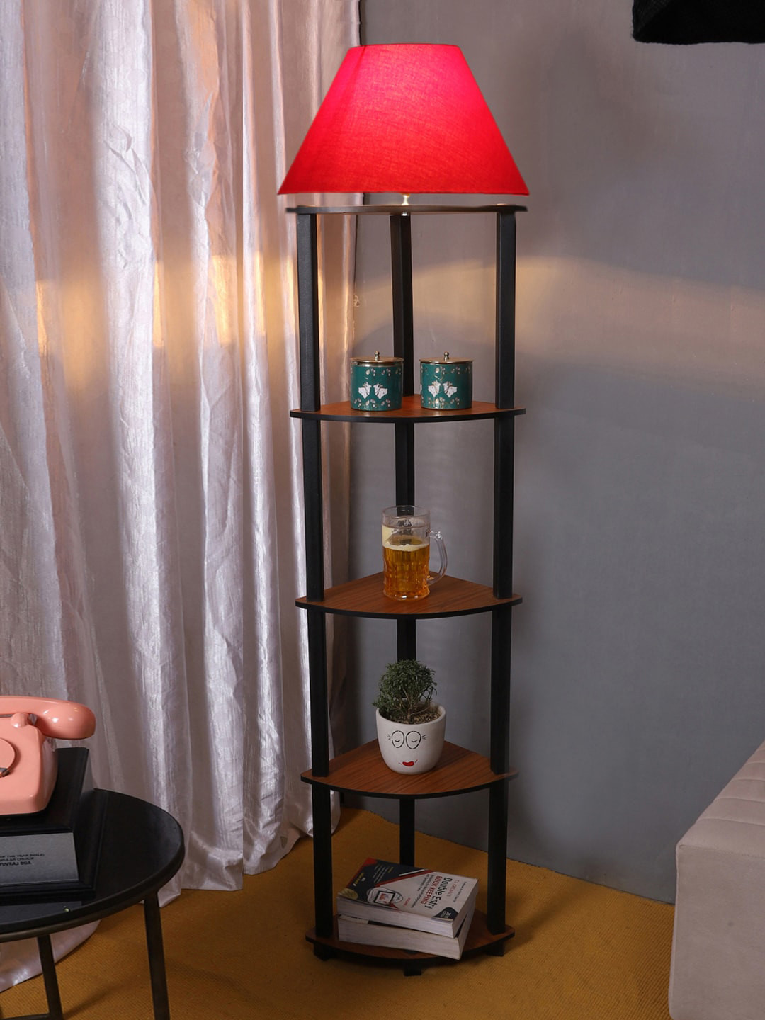 Devansh Conical Red Cotton Shade Wooden Frustum Shaped Shelf Floor Lamp