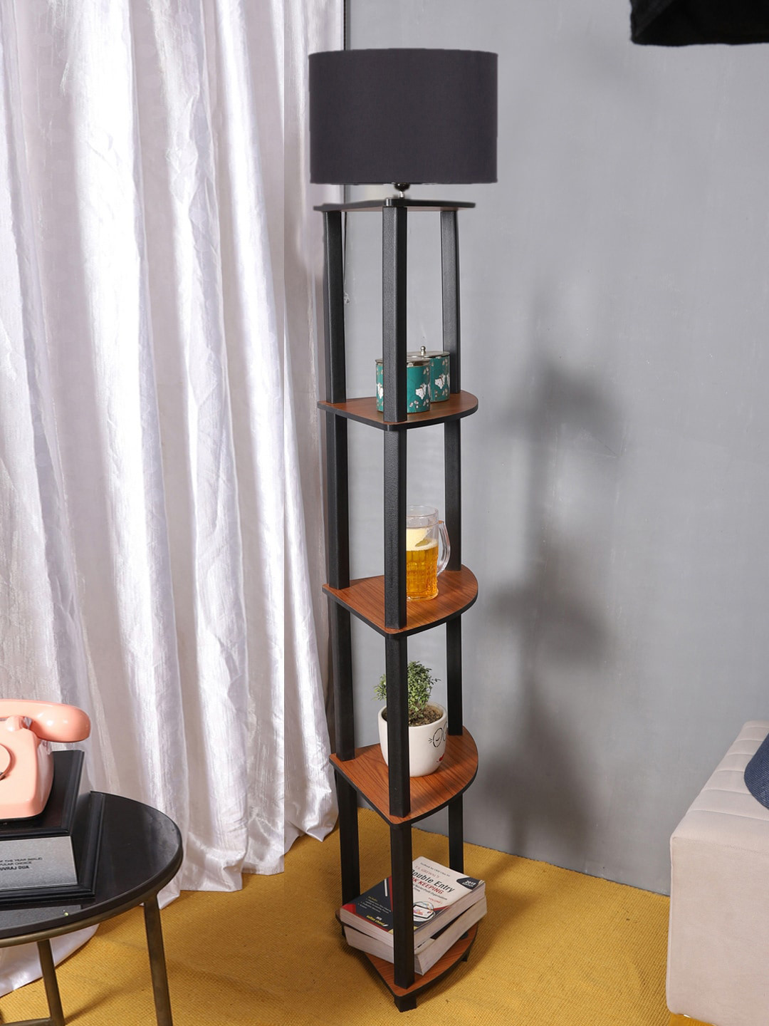 Devansh Black Wooden Cylinder Shaped Shelf Floor Lamp