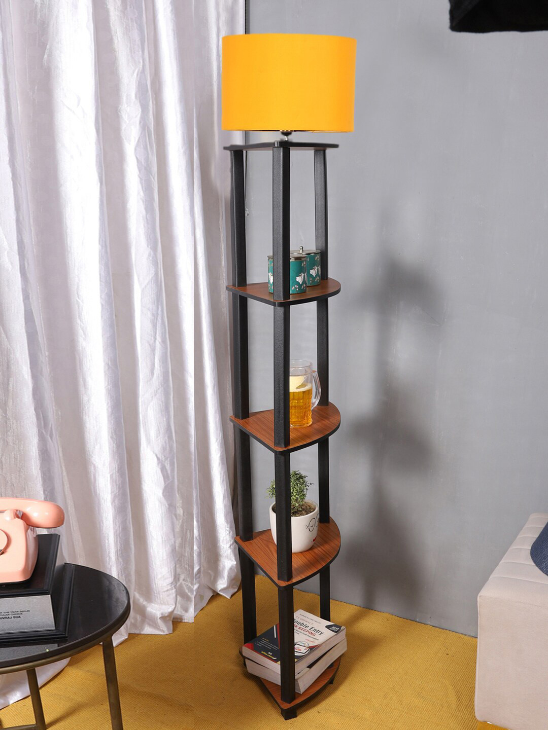 Devansh Hard Back Cotton Yellow Cylinder Shaped Shelf Floor Lamp