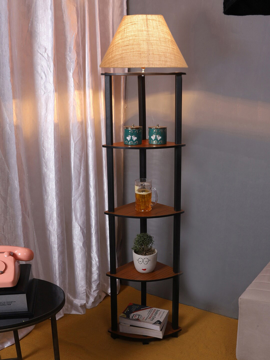 Devansh Conical Beige Jute Frustum Shaped Shelf Floor Lamp