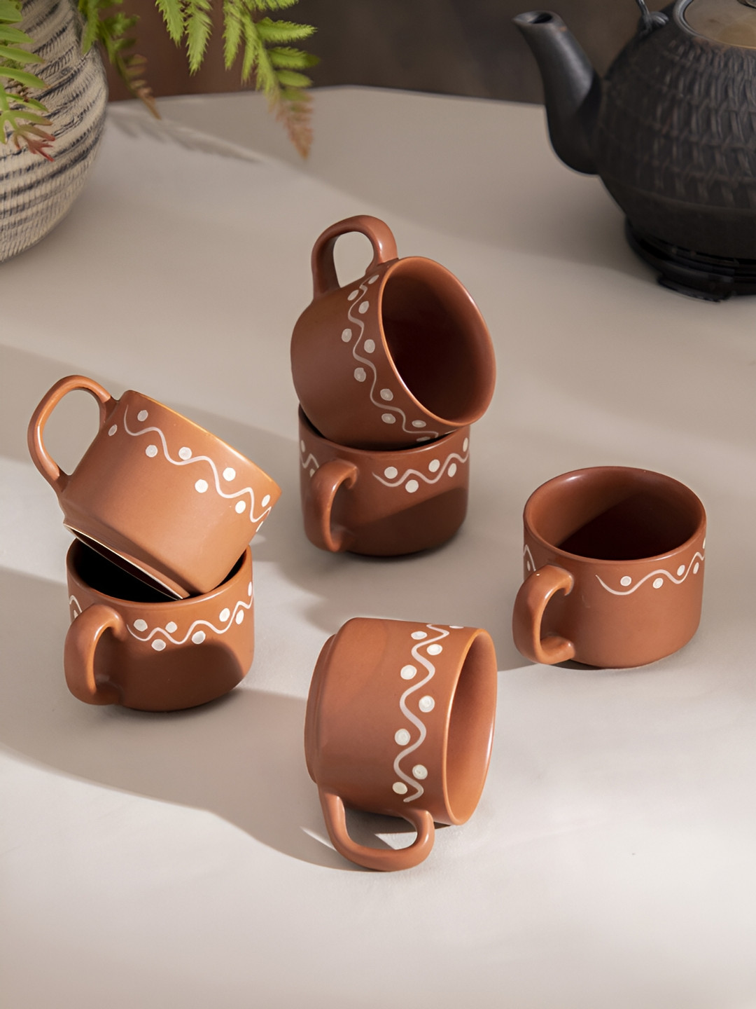 The Decor Lane Brown Ethnic Motifs Ceramic Handcrafted 6 Piece Cups-180ml