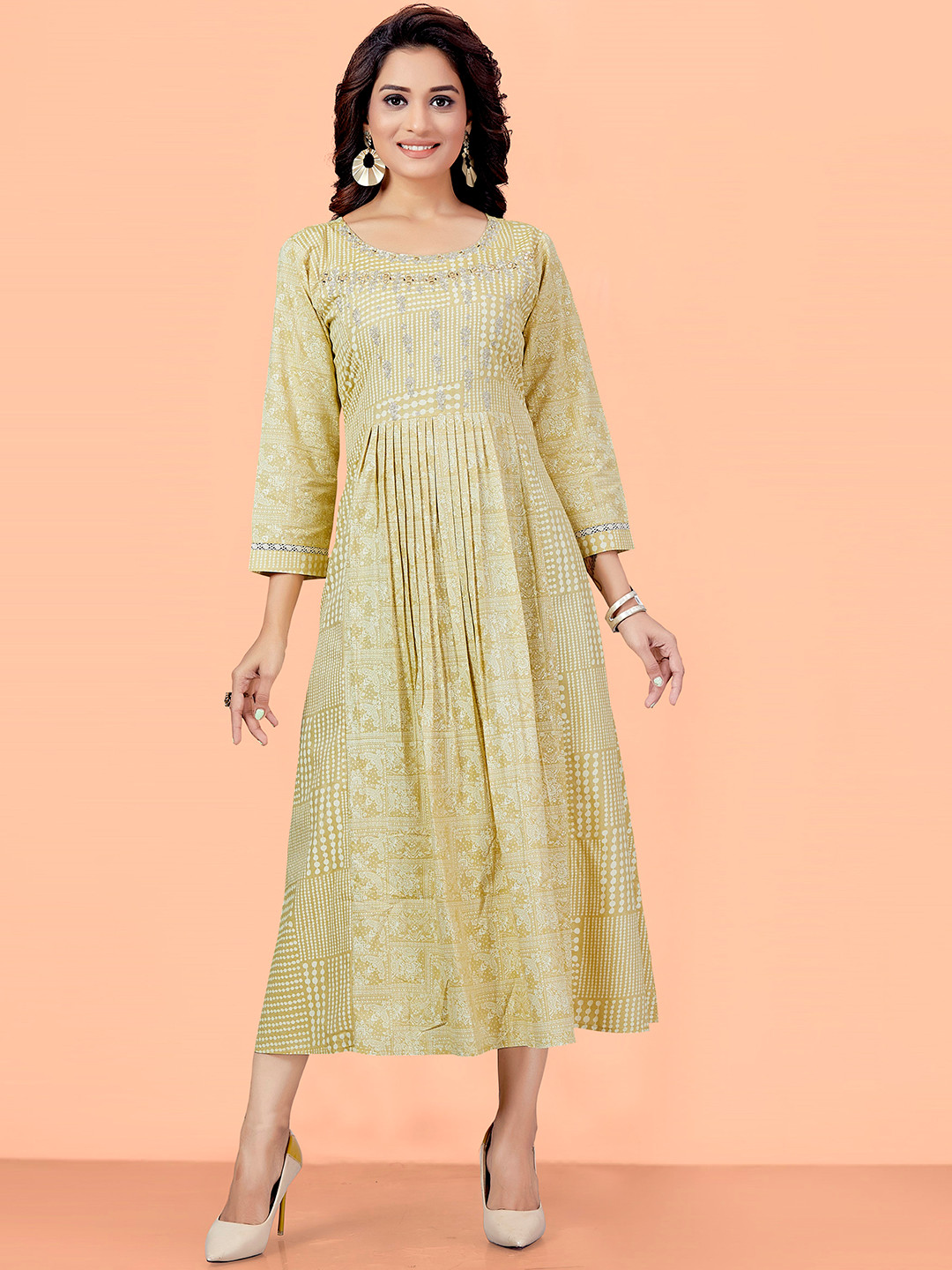 SajiSaheli Geometric Printed Round Neck Cotton Anarkali Dress