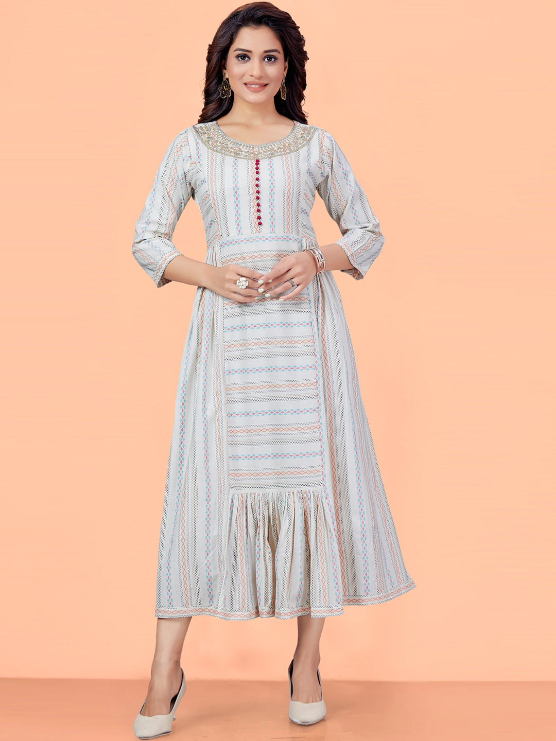 SajiSaheli Geometric Printed Embroidered Cotton A-line Midi Dress