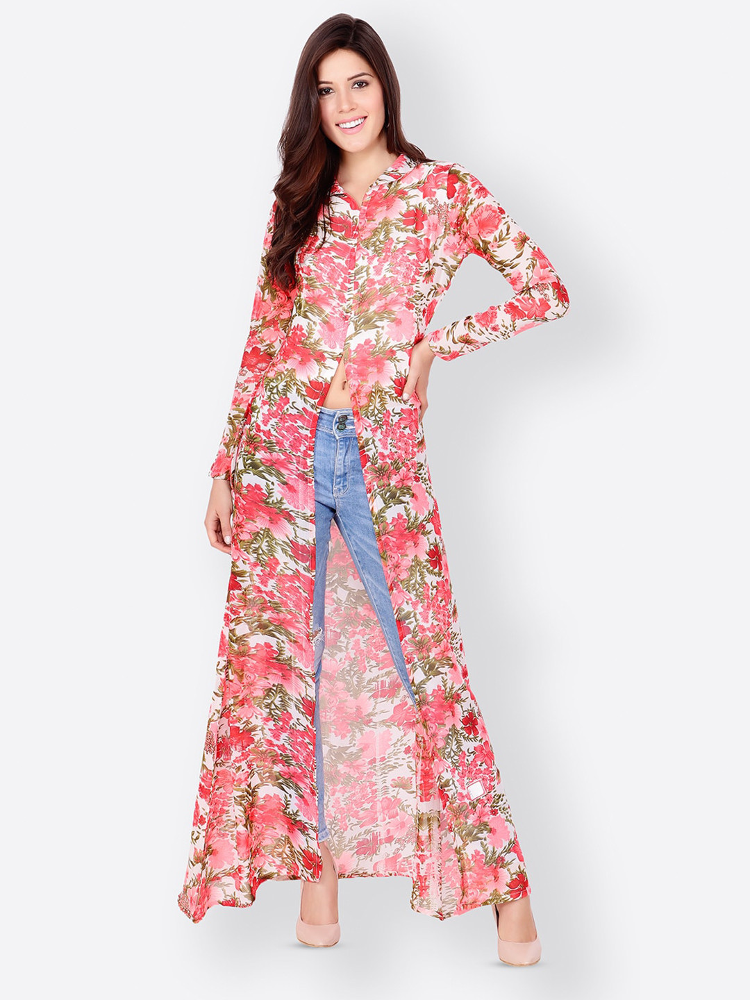 MINOS Floral Printed Shirt Collar Maxi Longline Top