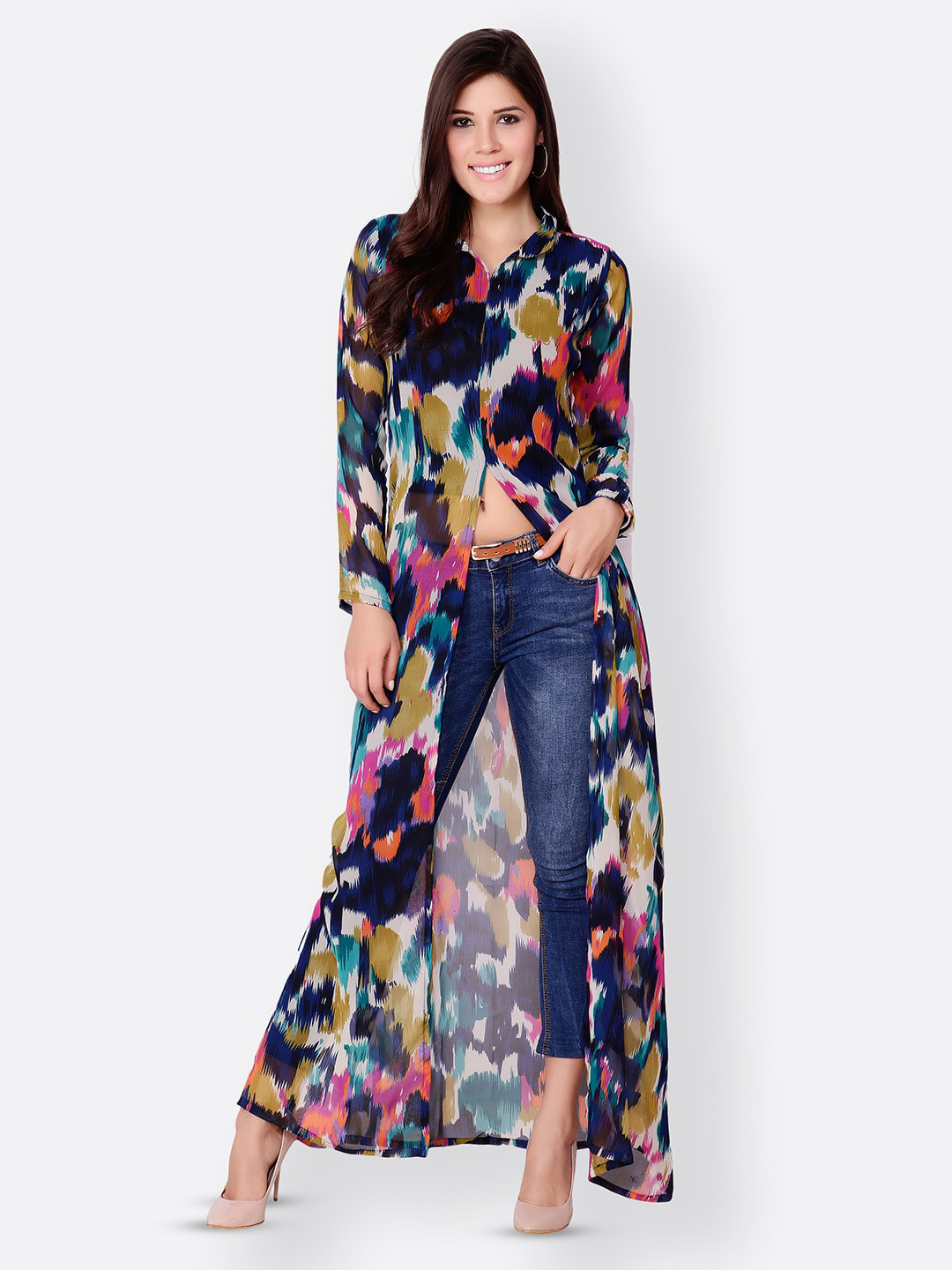MINOS Printed Maxi Shirt Collar Longline Top