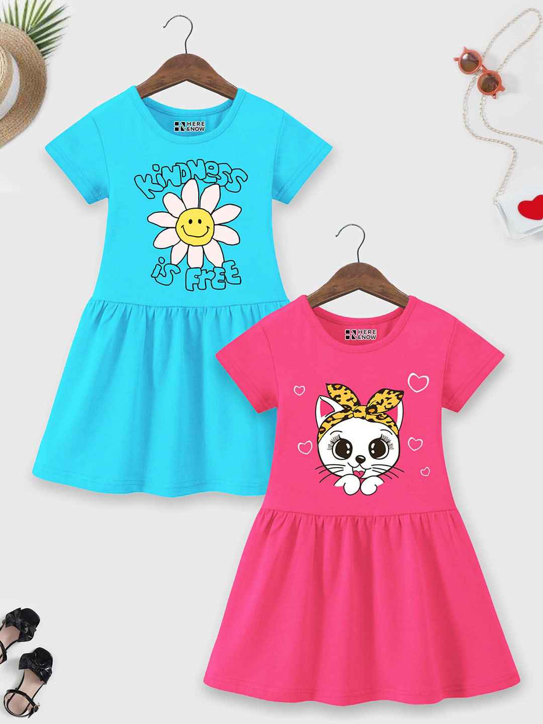HERE&NOW Girls Pack of 2 Round Neck Print Fit & Flare Dress