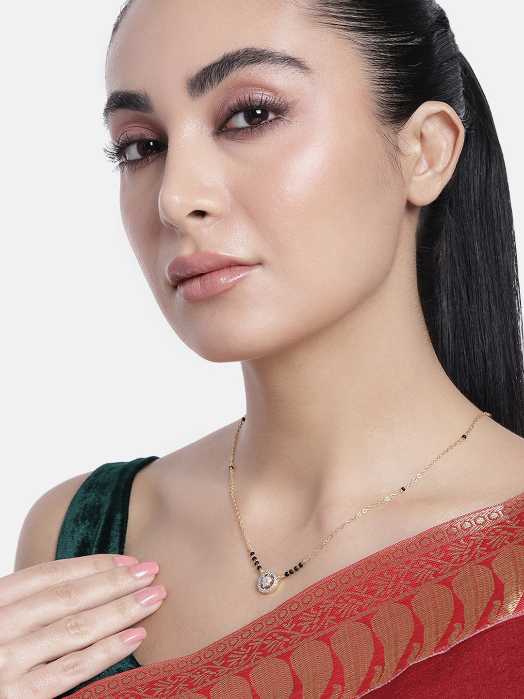ABDESIGNS Black Gold-Plated American Diamond & Beaded Mangalsutra