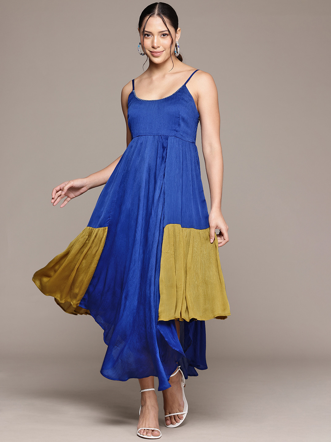 Ritu Kumar Colourblocked Asymmetric Hem Fit & Flare Maxi Dress