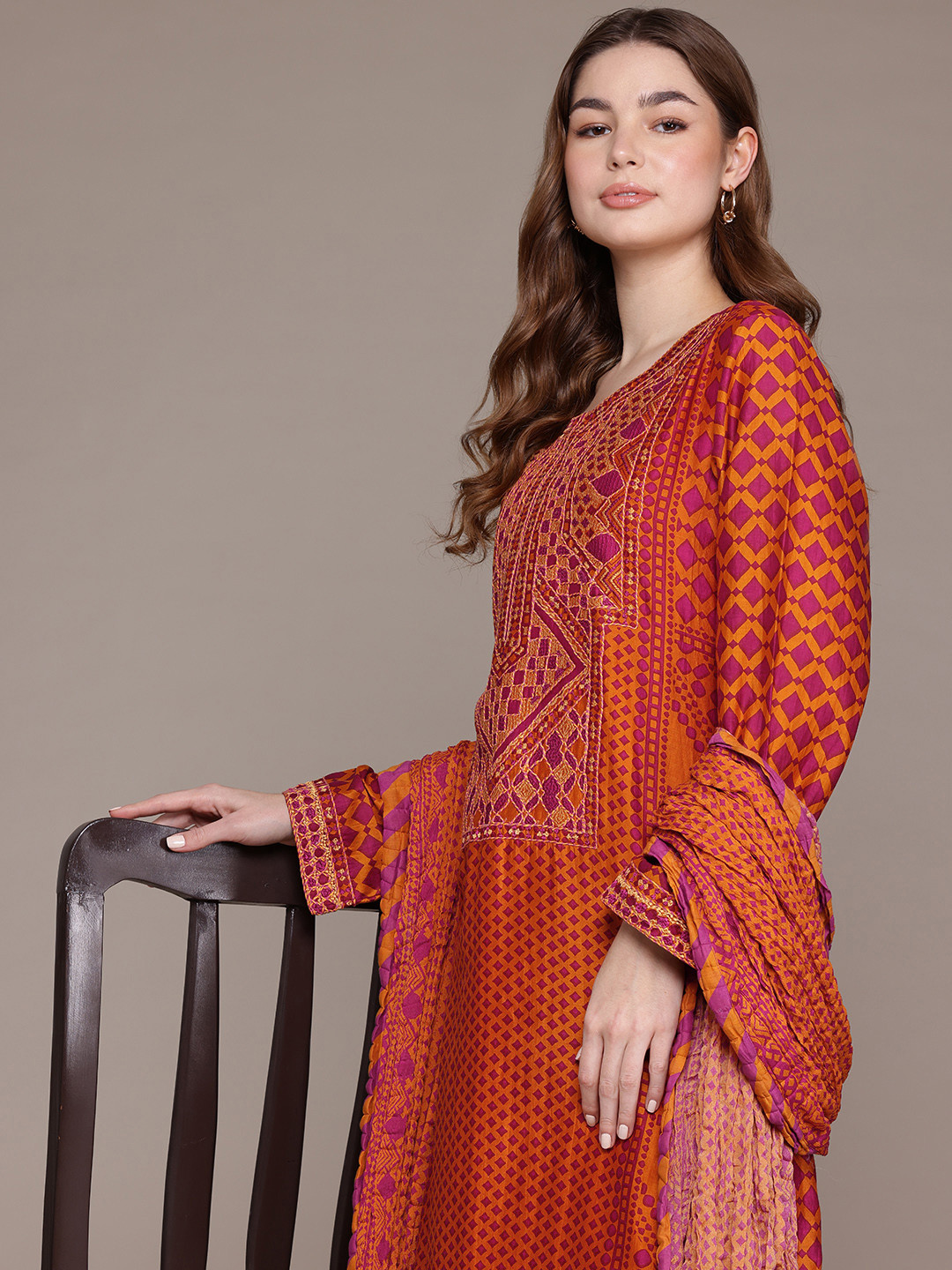 Ritu Kumar Printed Thread Work Kurta With Palazzos & Dupatta