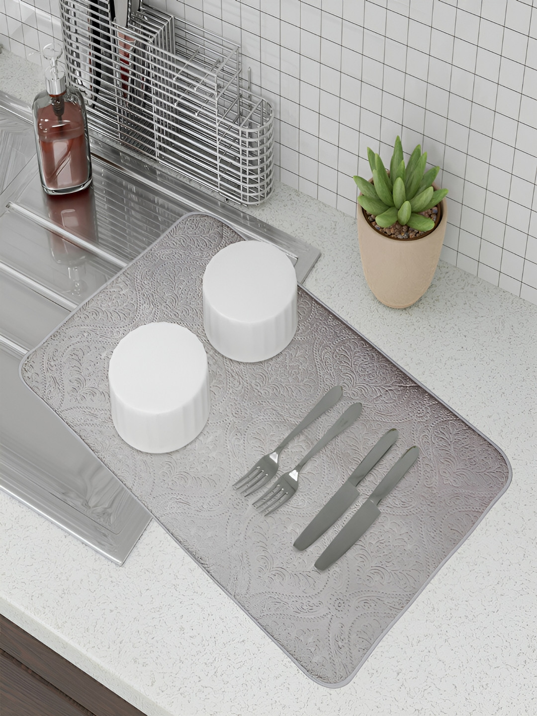 Kuber Industries Grey Self Design Dish Dry Mat