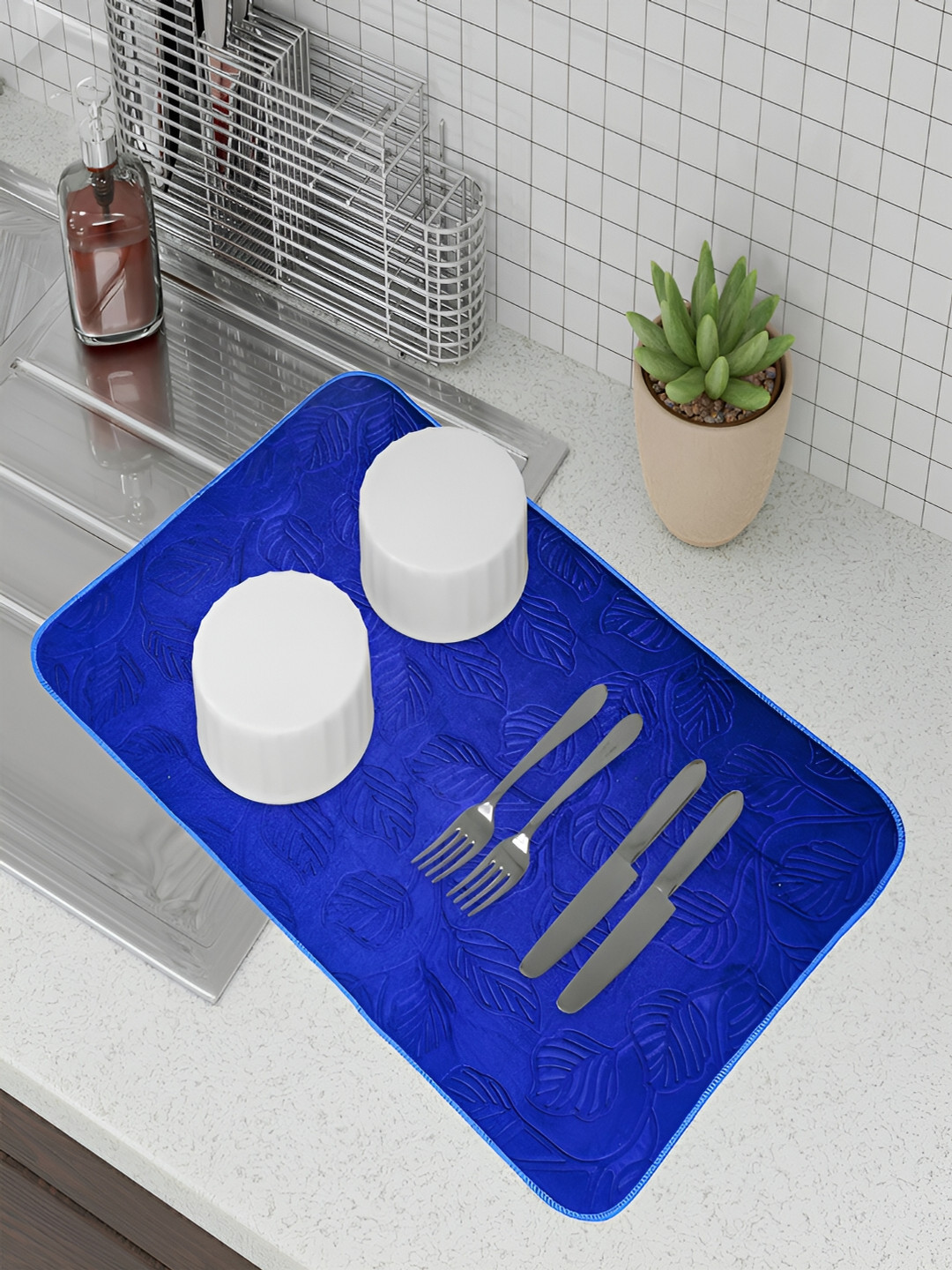 Kuber Industries Set Of 3 Grey & Blue Self Design Dish Dry Mat