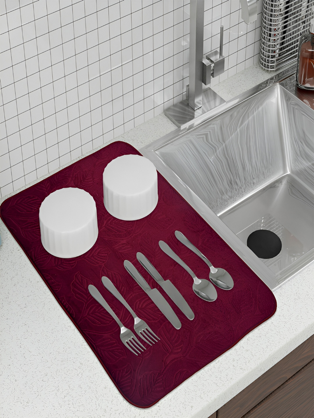 Kuber Industries Maroon Self Design Dish Dry Mat