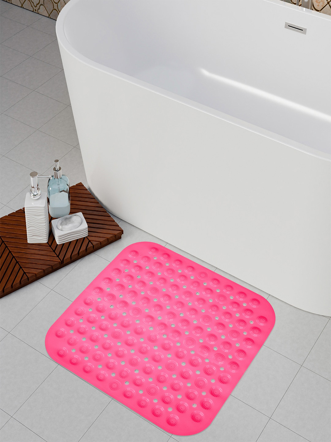 Kuber Industries 2Pcs Pink Self-Design Square Bathroom Mat