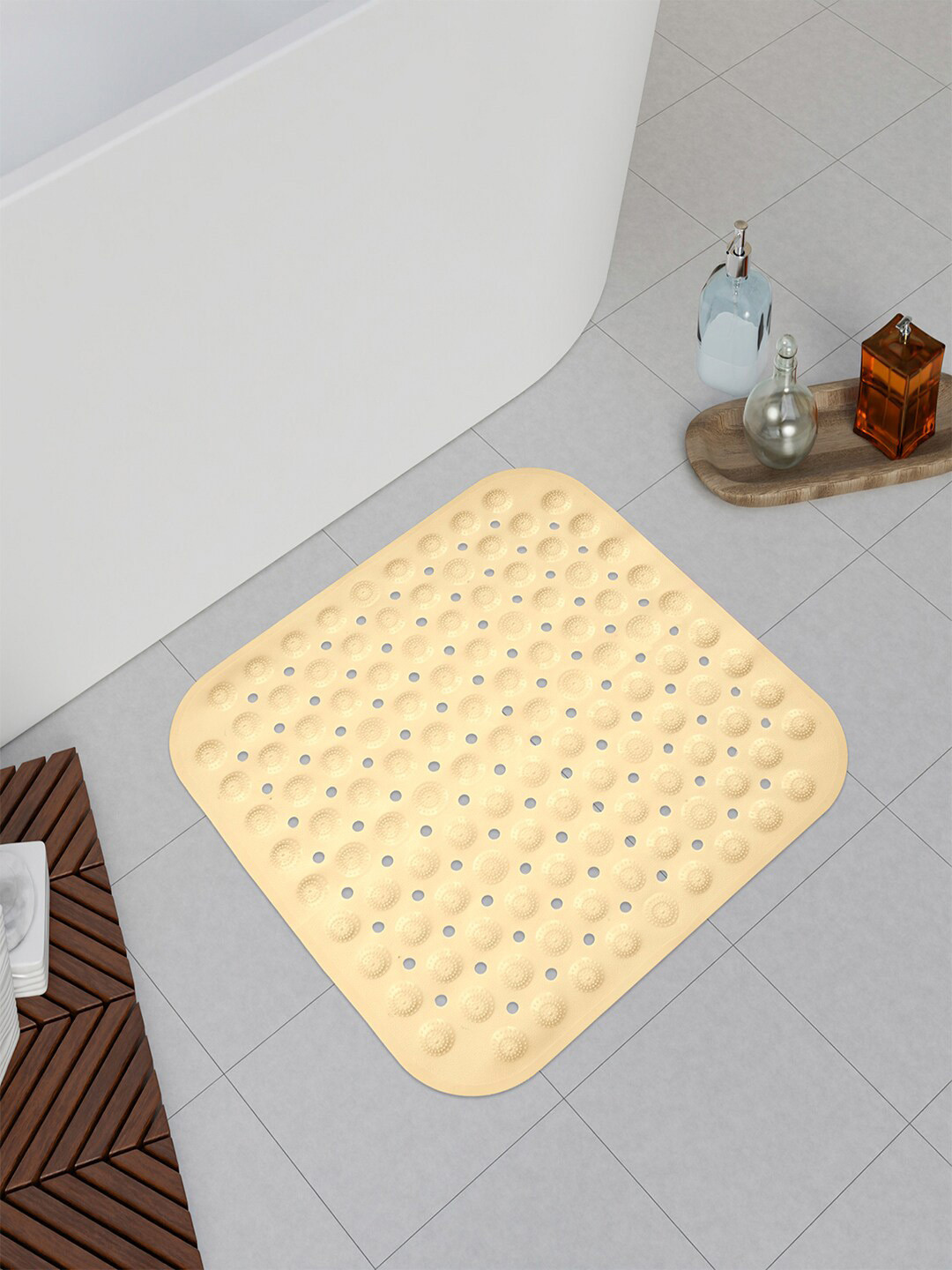 Kuber Industries 2-Pcs Cream Textured Square Bathroom Mat