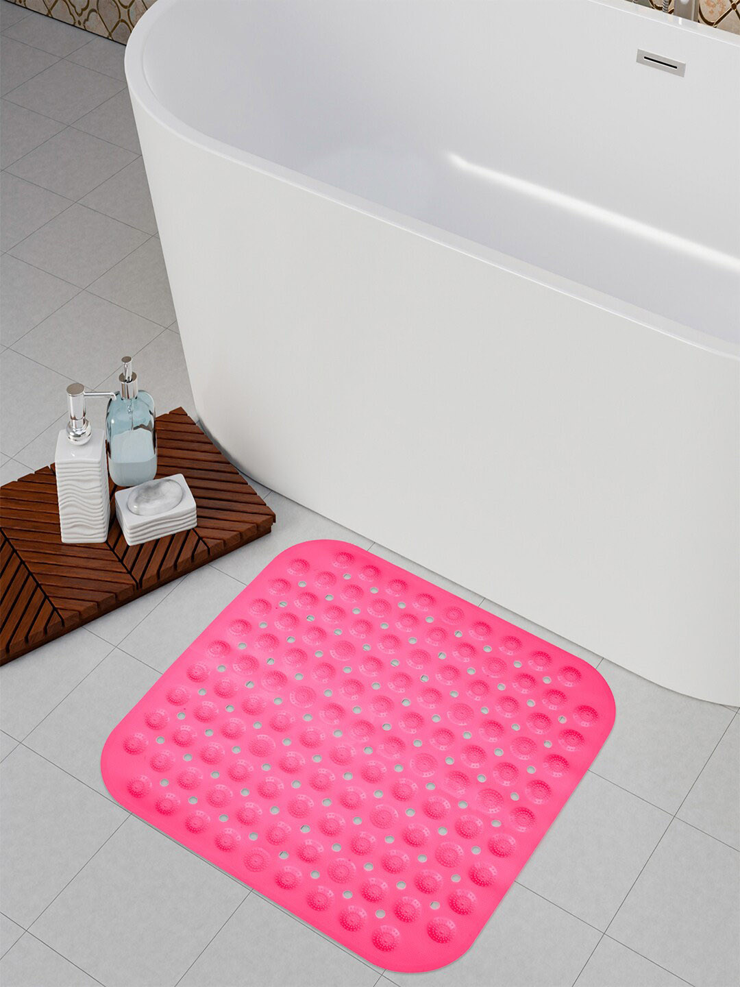 Kuber Industries 2Pcs Pink Self-Design Square Bathroom Mat